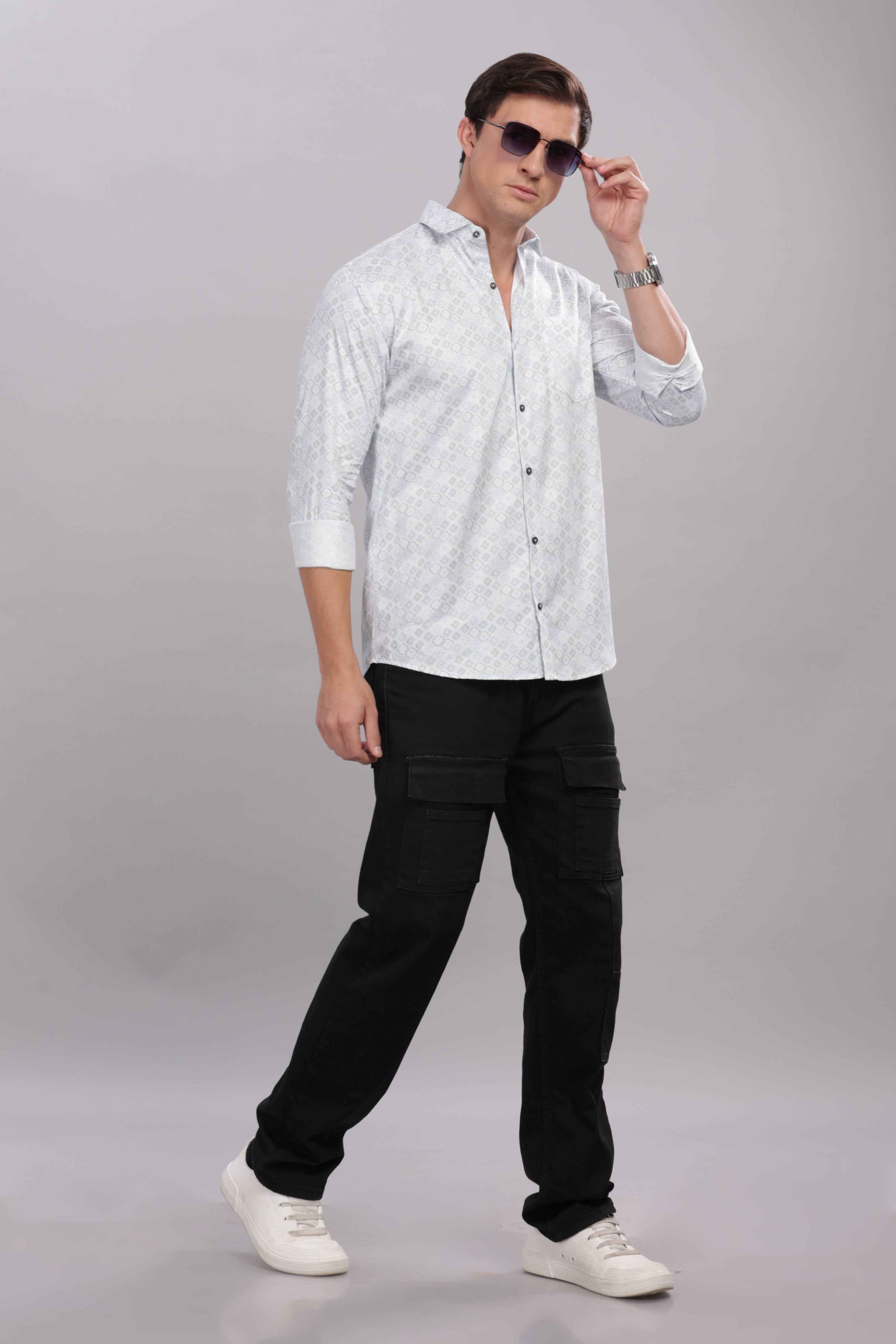White Cotton Slim Fit Geometric Printed Shirt