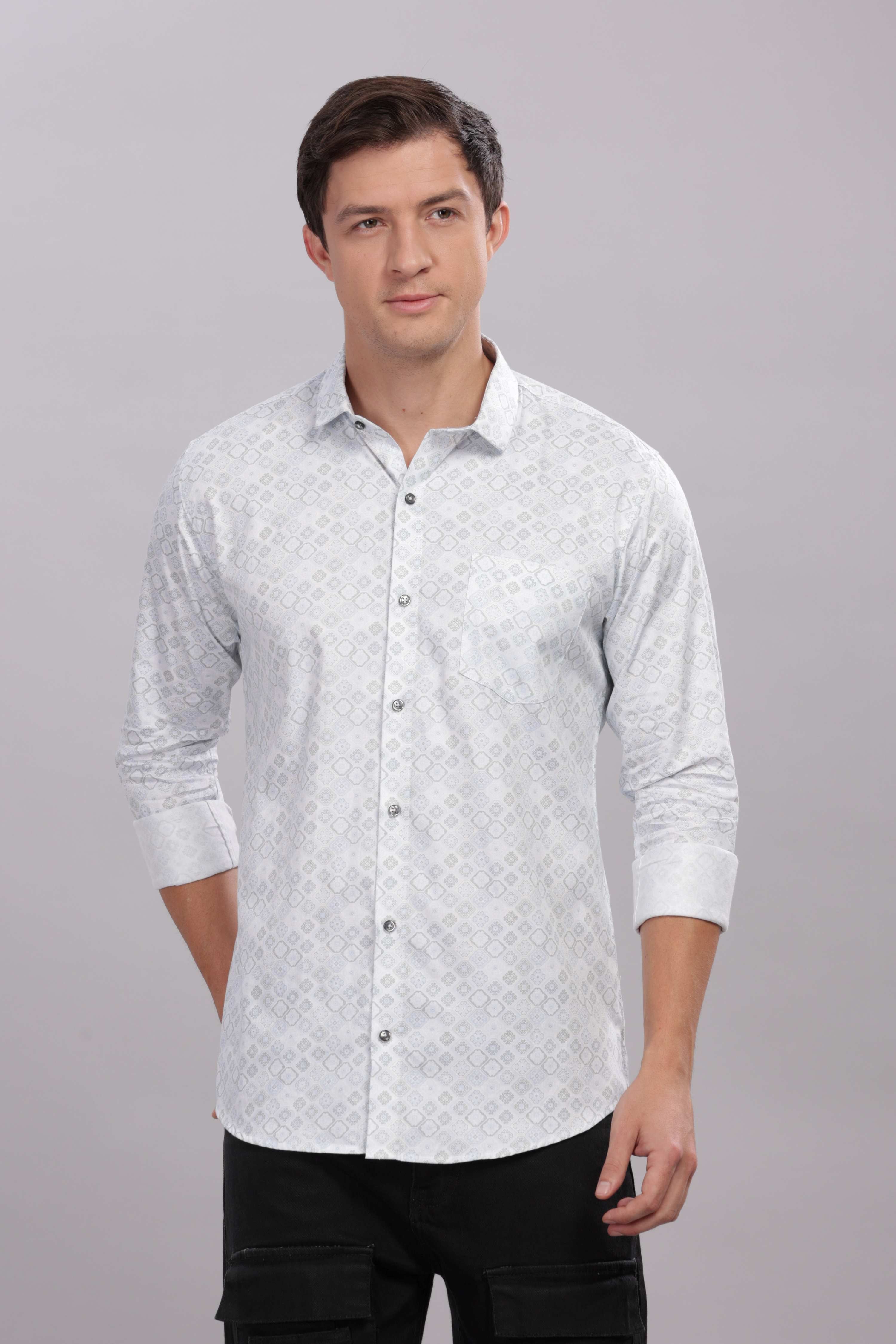 White Cotton Slim Fit Geometric Printed Shirt