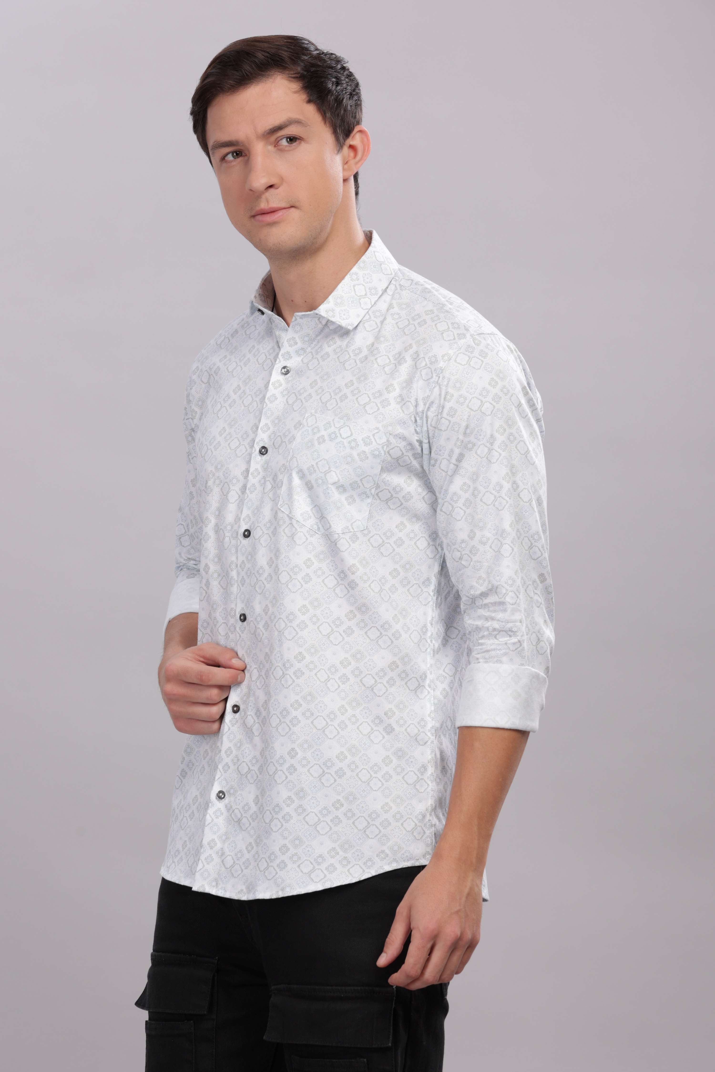 White Cotton Slim Fit Geometric Printed Shirt