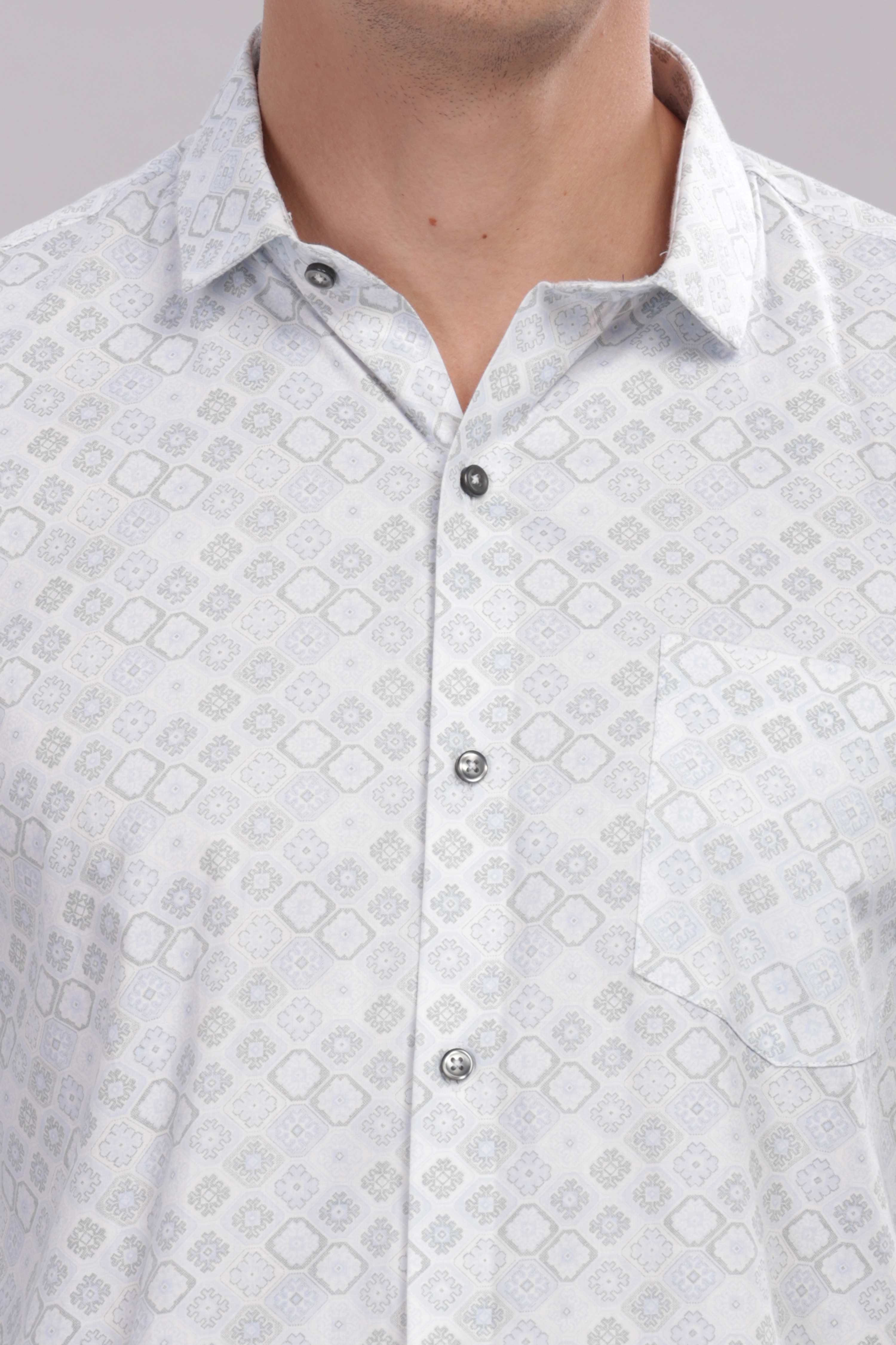White Cotton Slim Fit Geometric Printed Shirt