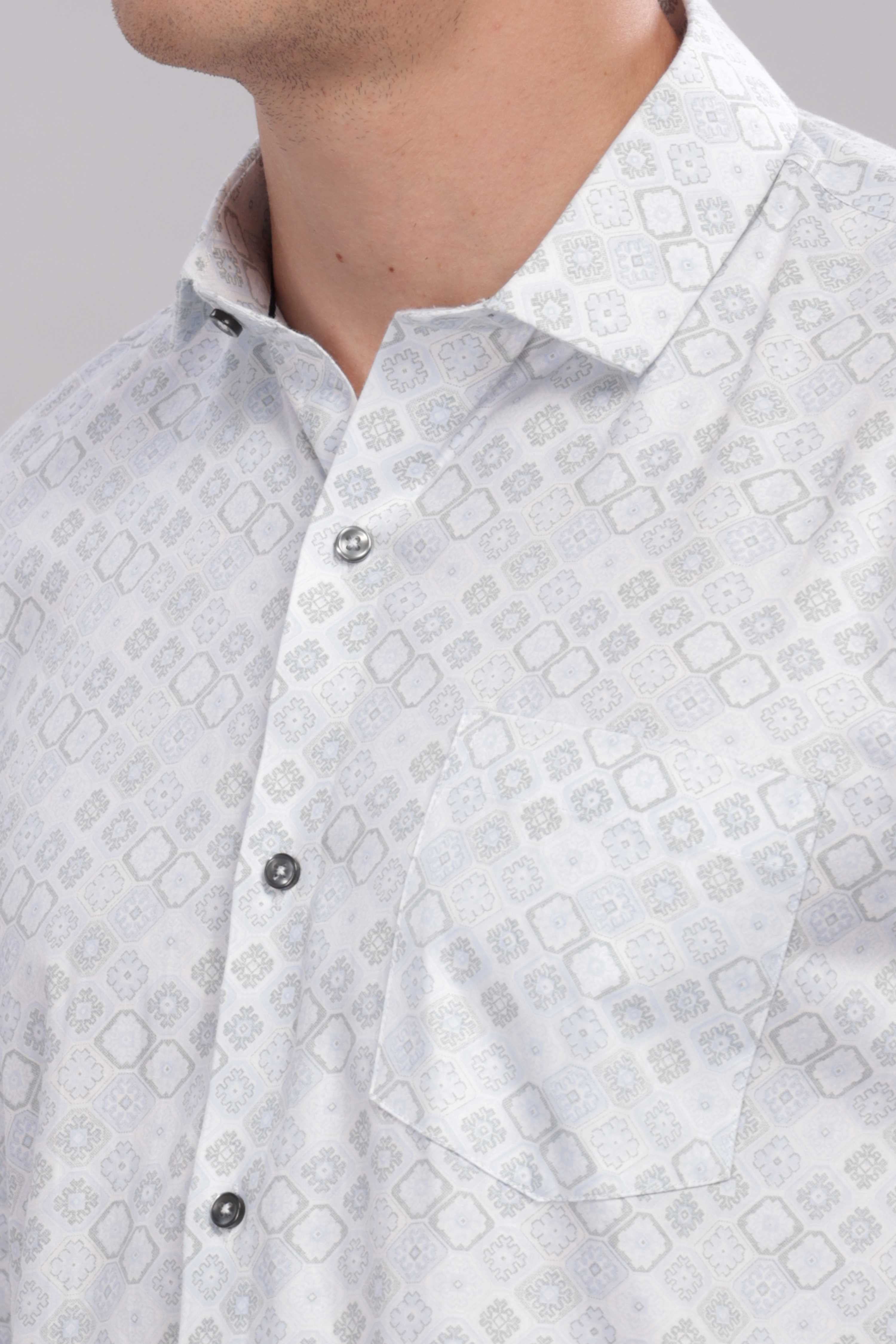 White Cotton Slim Fit Geometric Printed Shirt