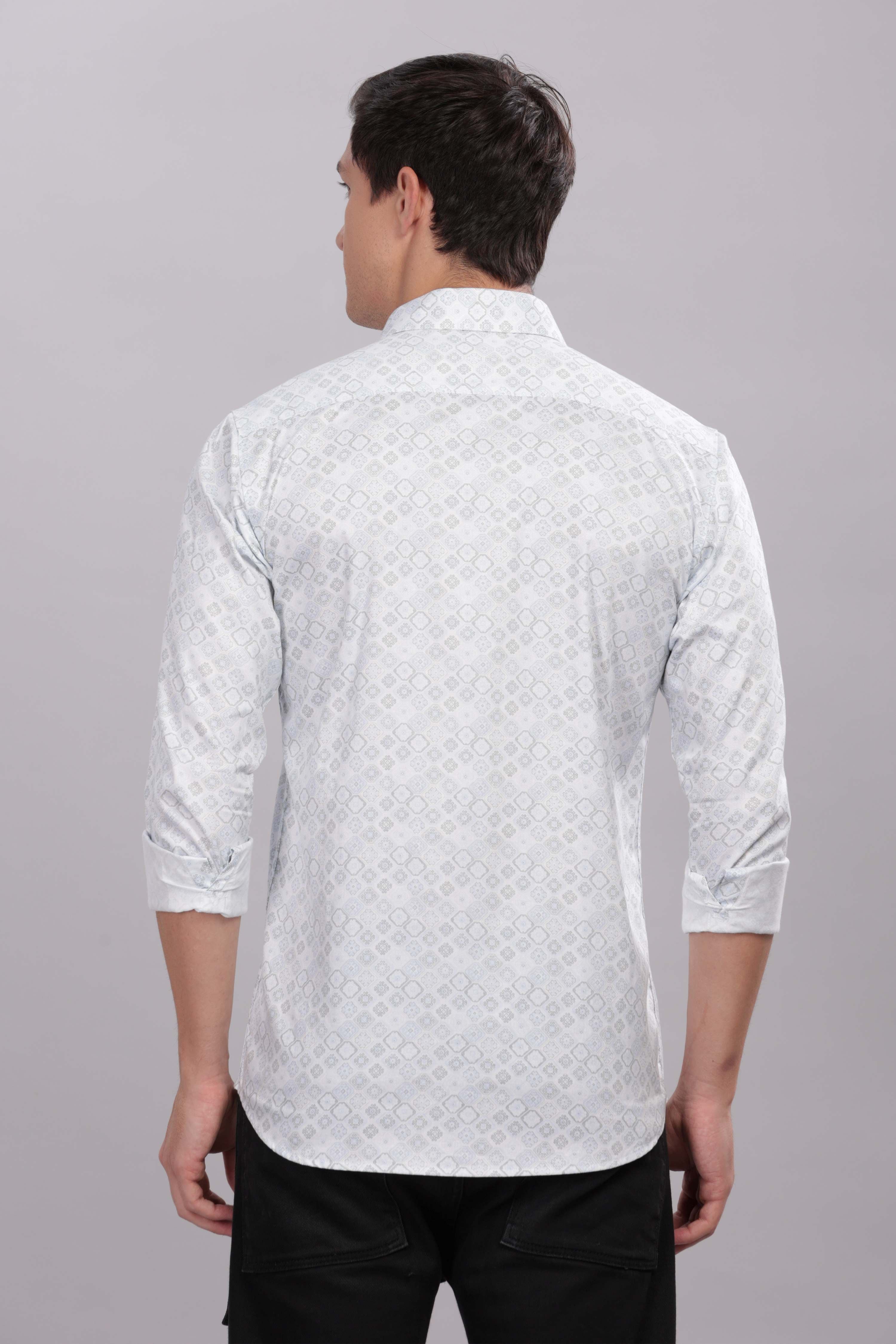 White Cotton Slim Fit Geometric Printed Shirt