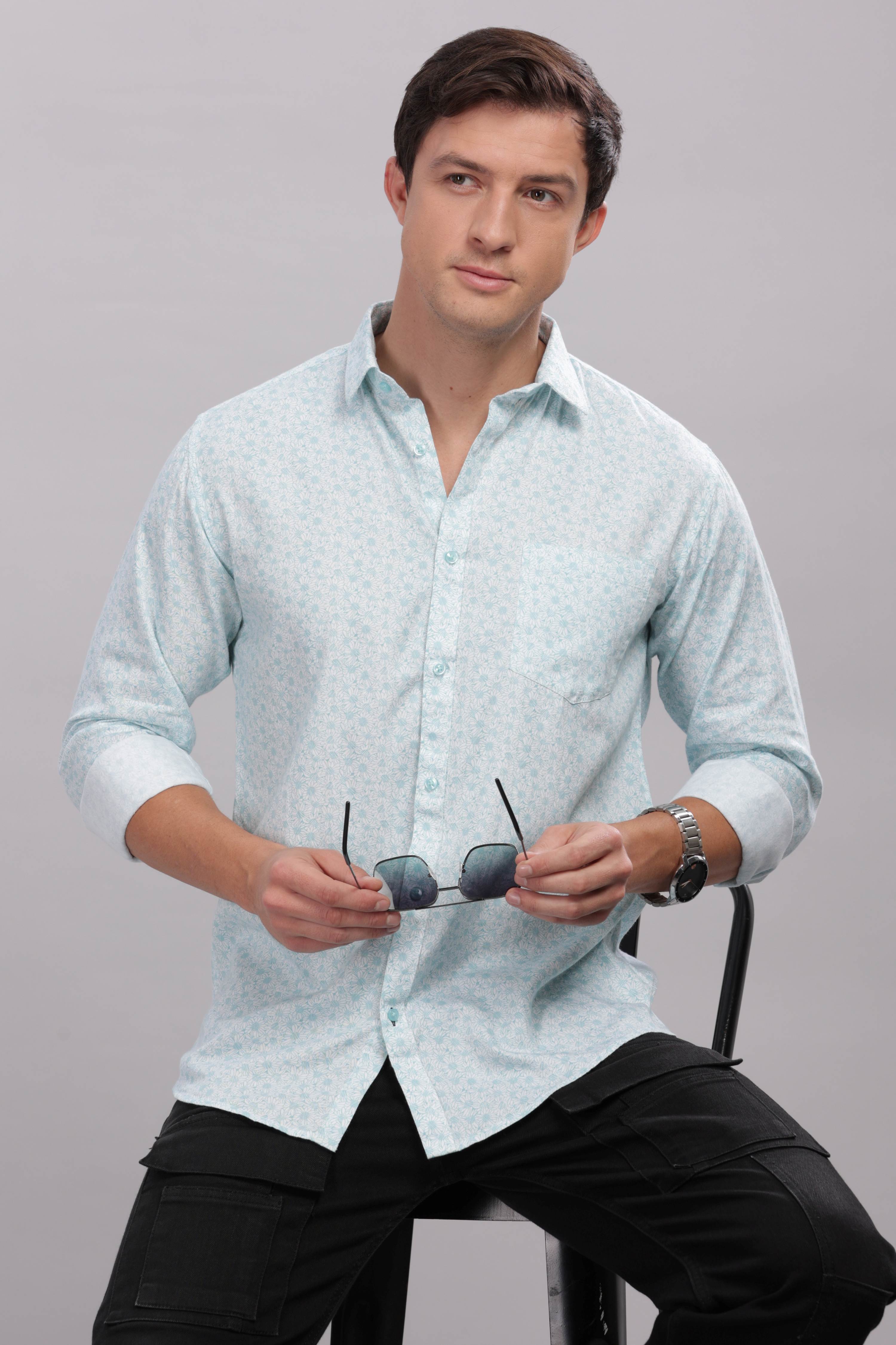 Sunflower Pattern Blue Printed Shirt