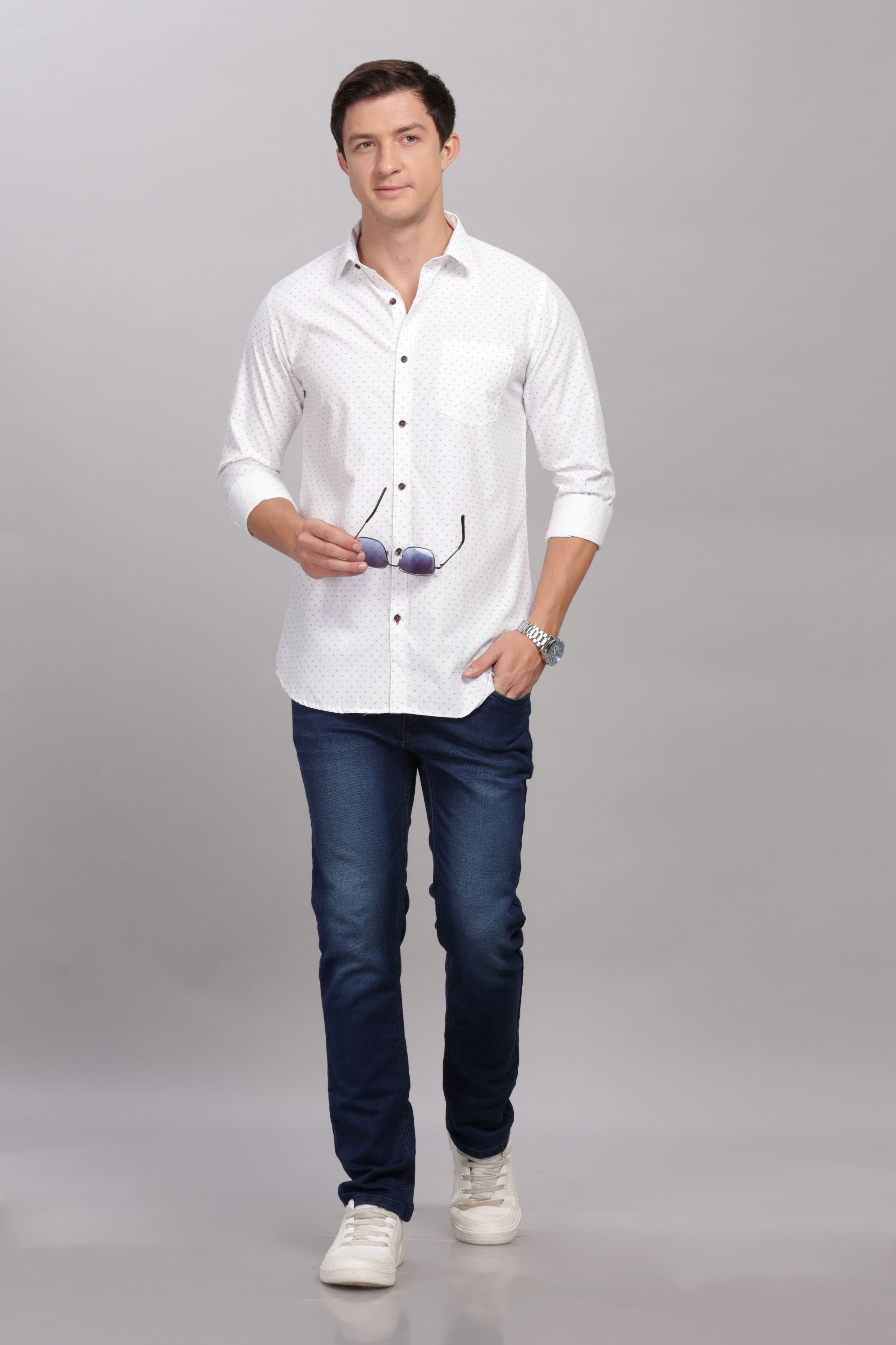 Geometric Motif Printed White Shirt