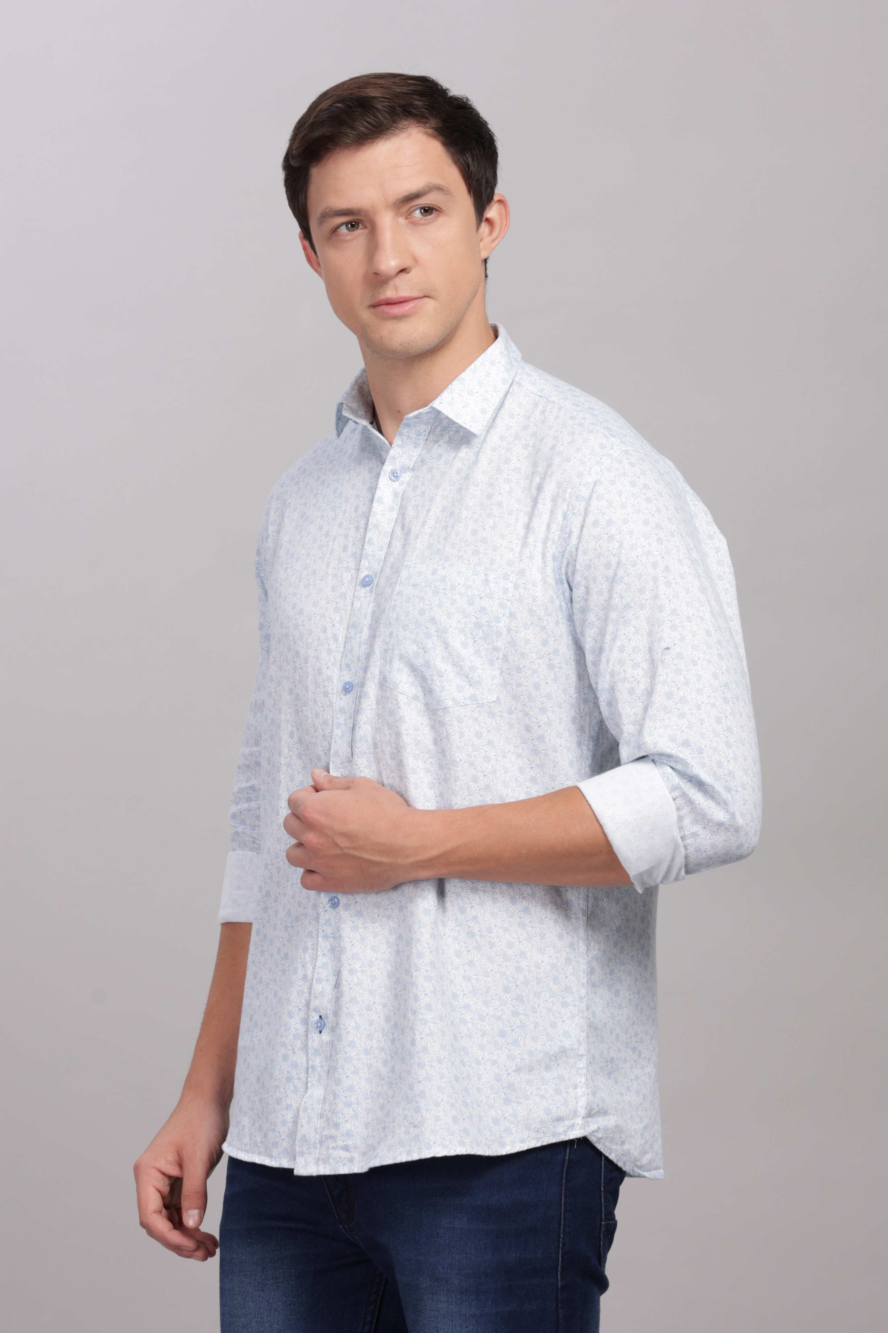Sunflower Pattern White Printed Shirt