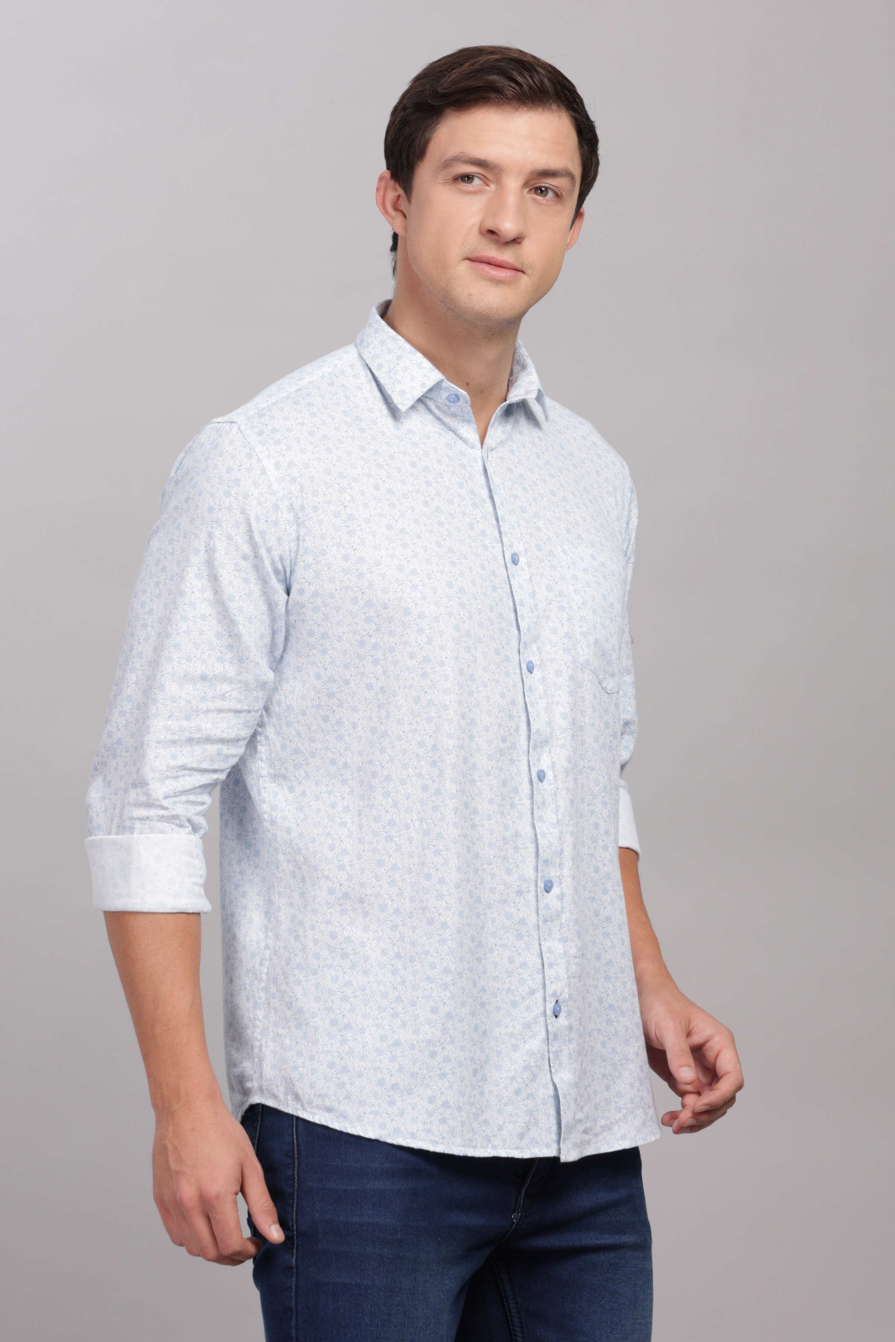 Sunflower Pattern White Printed Shirt