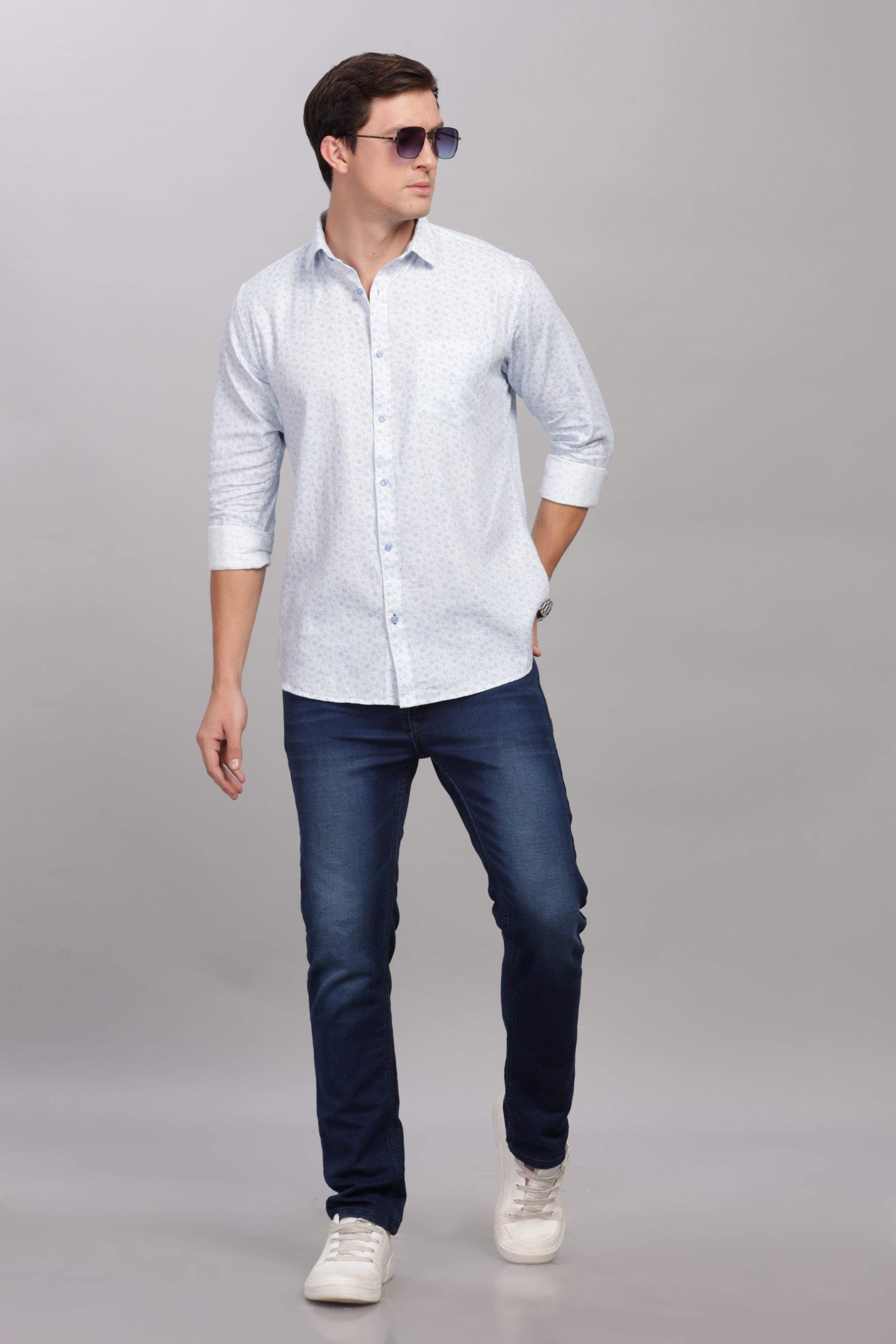Sunflower Pattern White Printed Shirt
