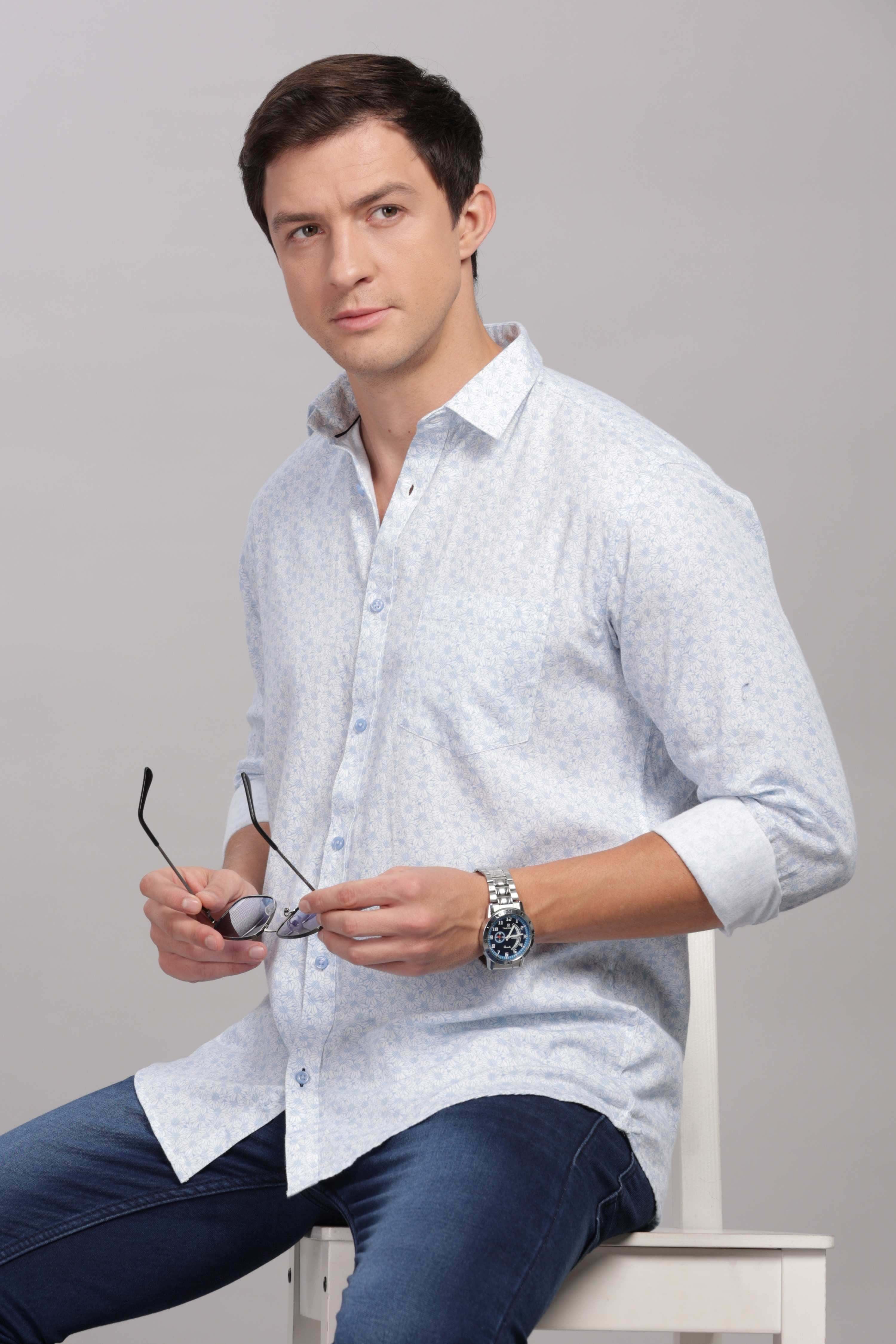 Sunflower Pattern White Printed Shirt