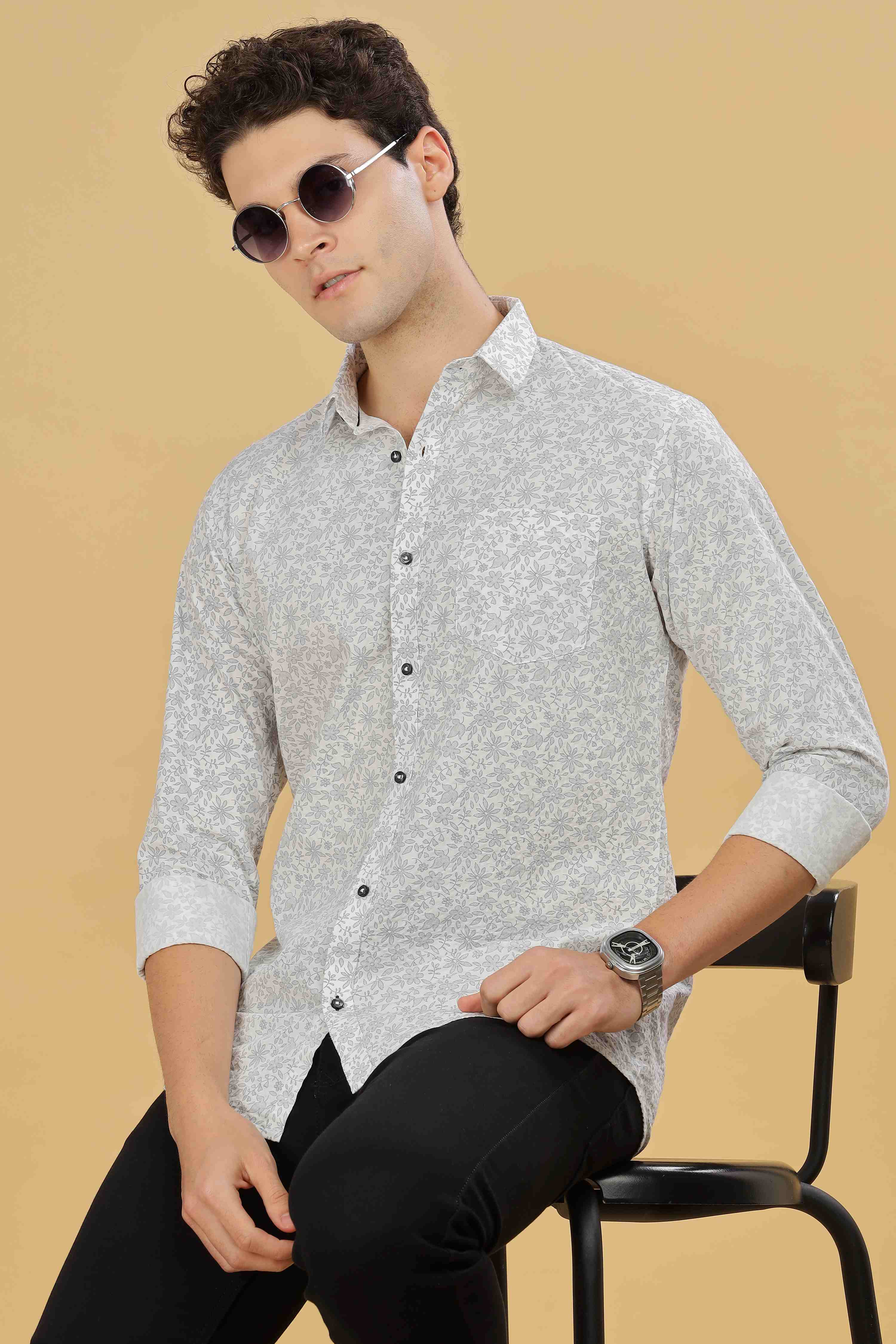 White Floral Printed Shirt