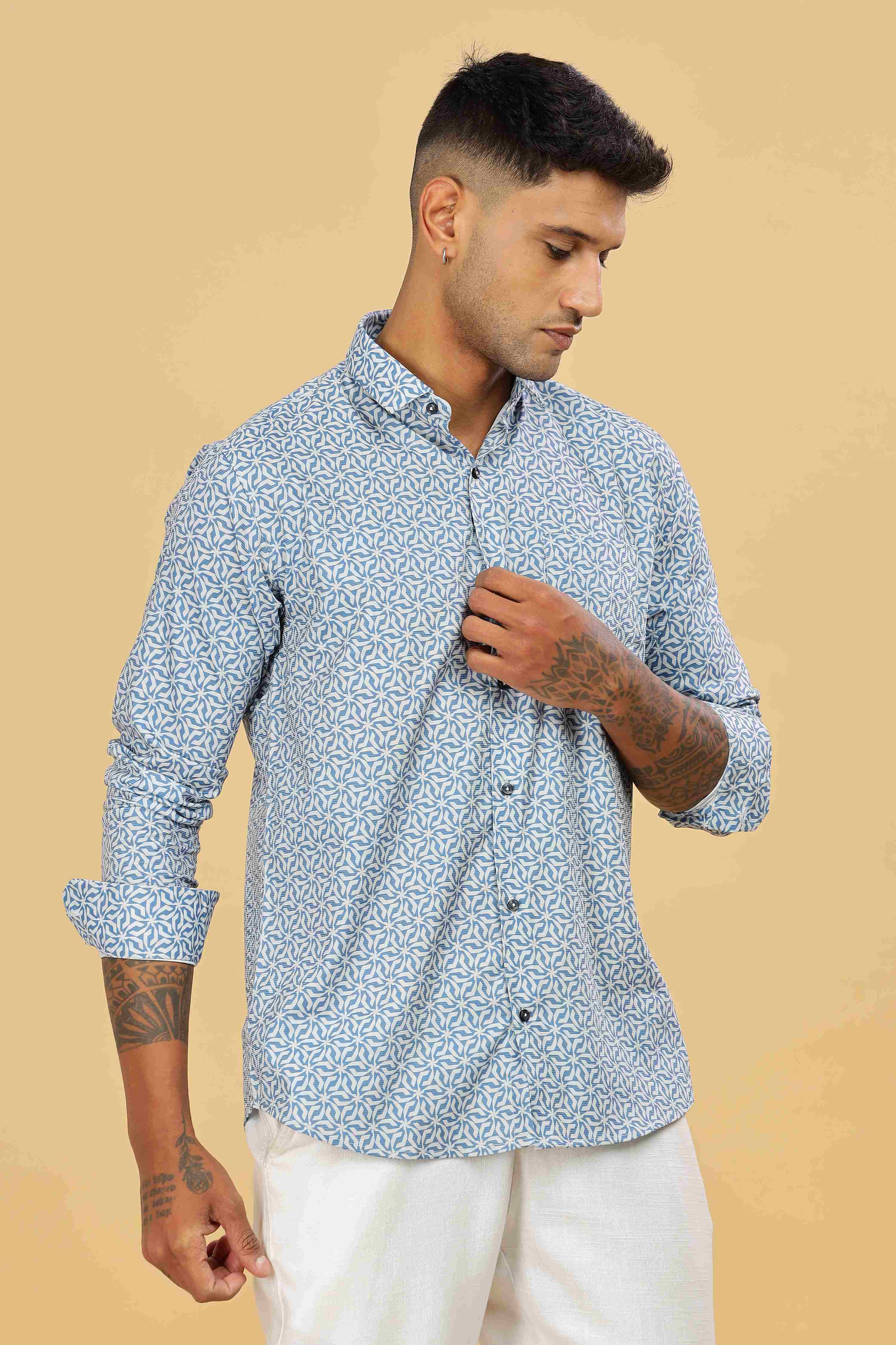 Men's Blue Casual Printed Cotton Shirt