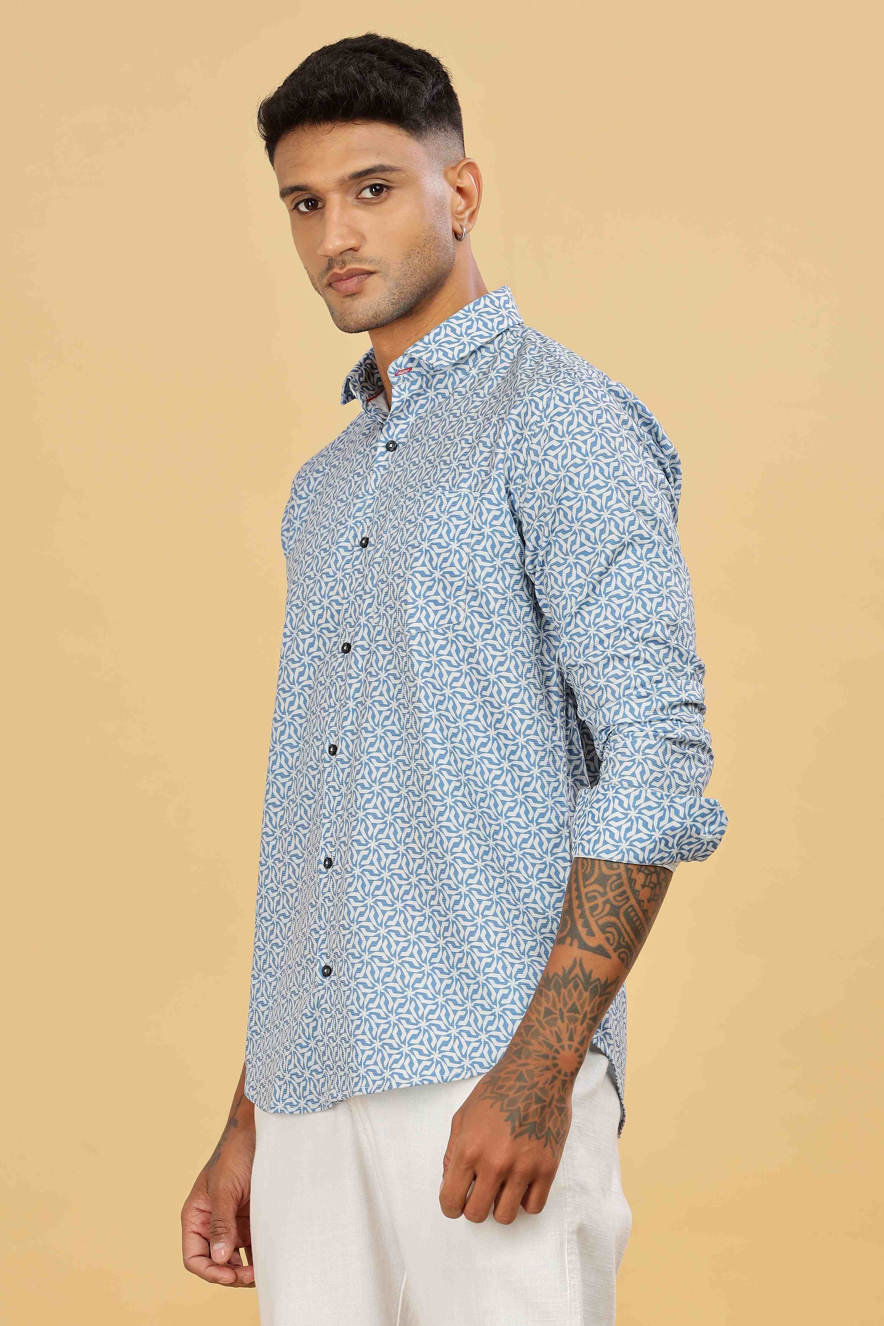 Men's Blue Casual Printed Cotton Shirt