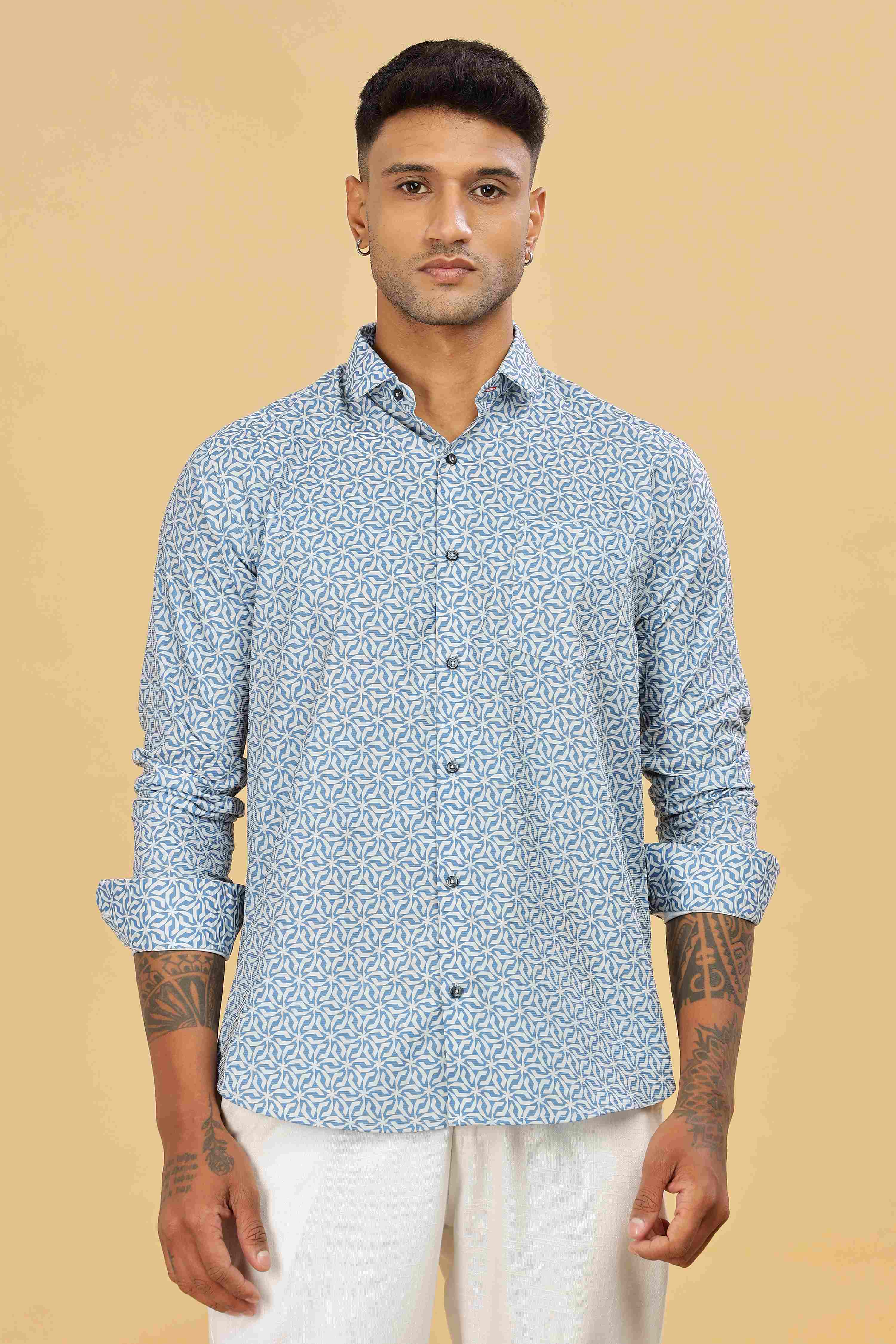 Men's Blue Casual Printed Cotton Shirt