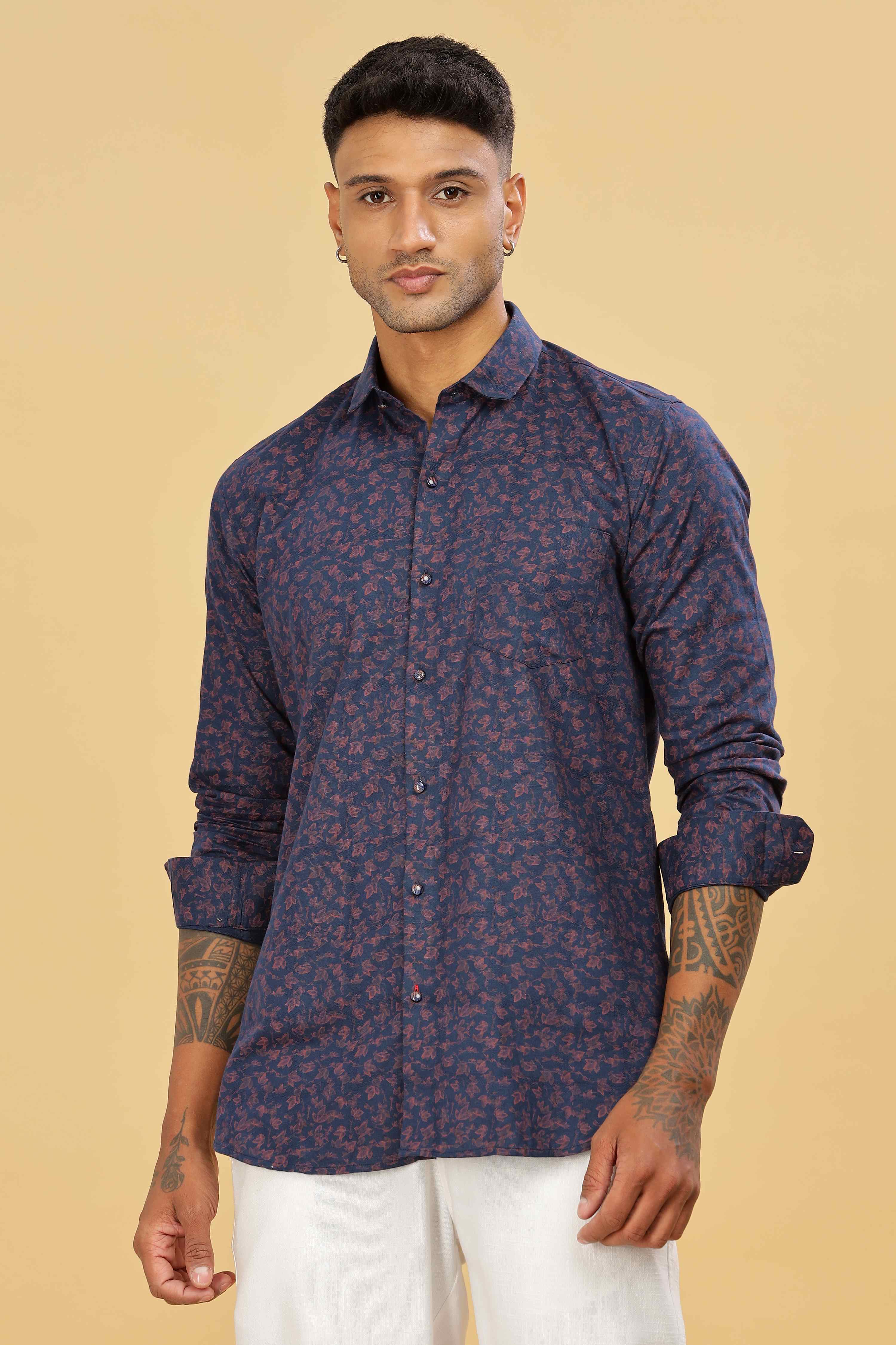 Men's Floral Printed Navy Shirt