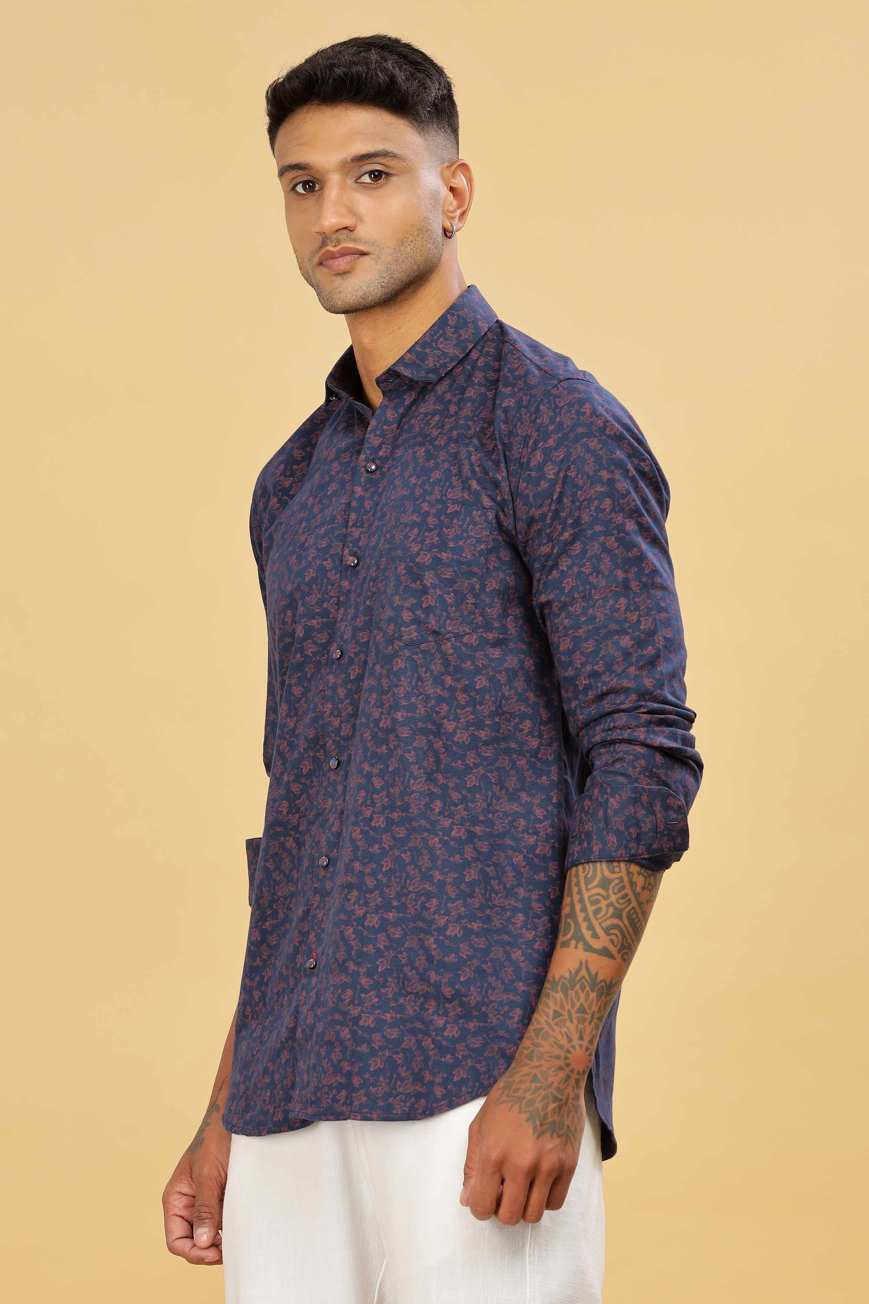 Men's Floral Printed Navy Shirt