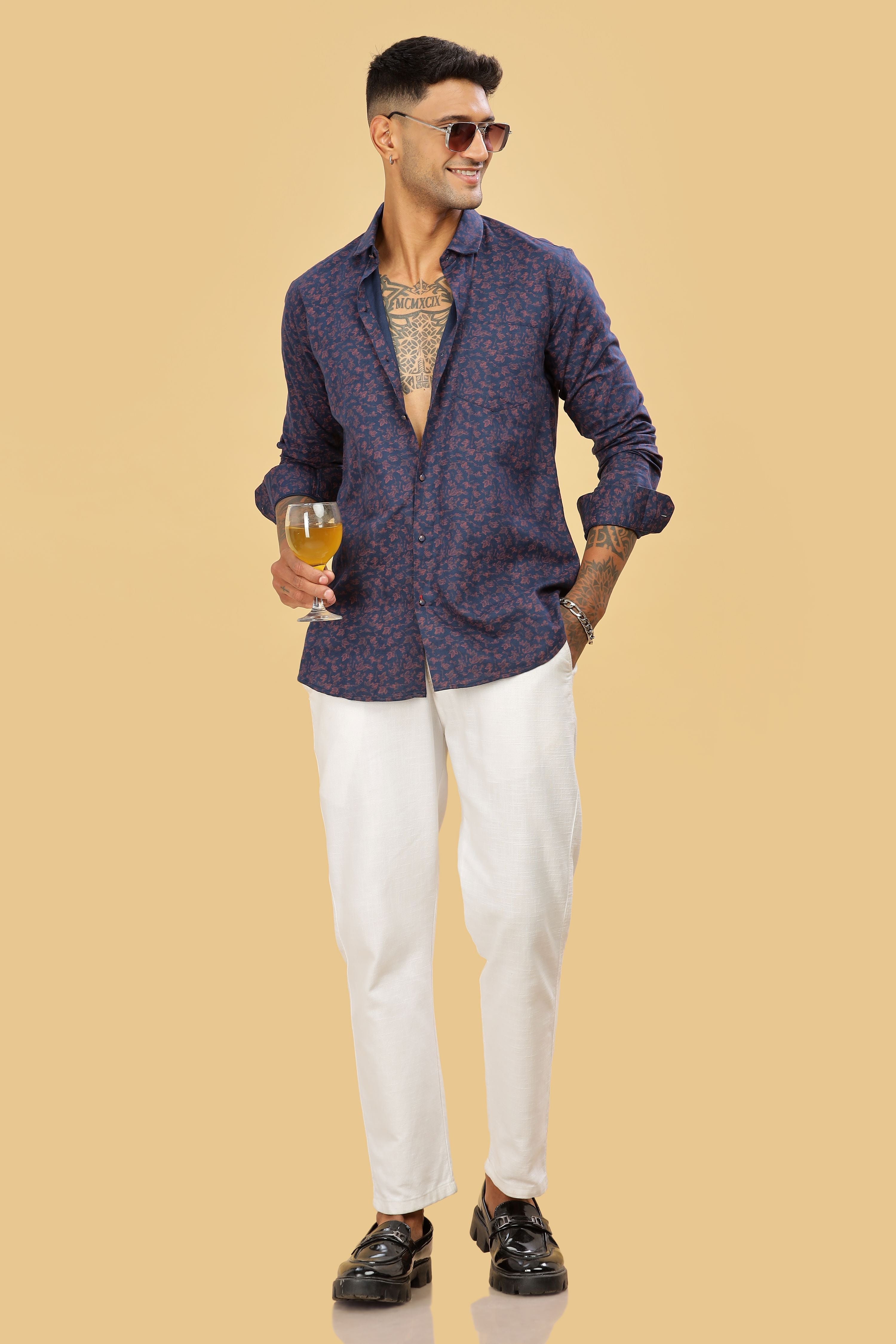 Men's Floral Printed Navy Shirt
