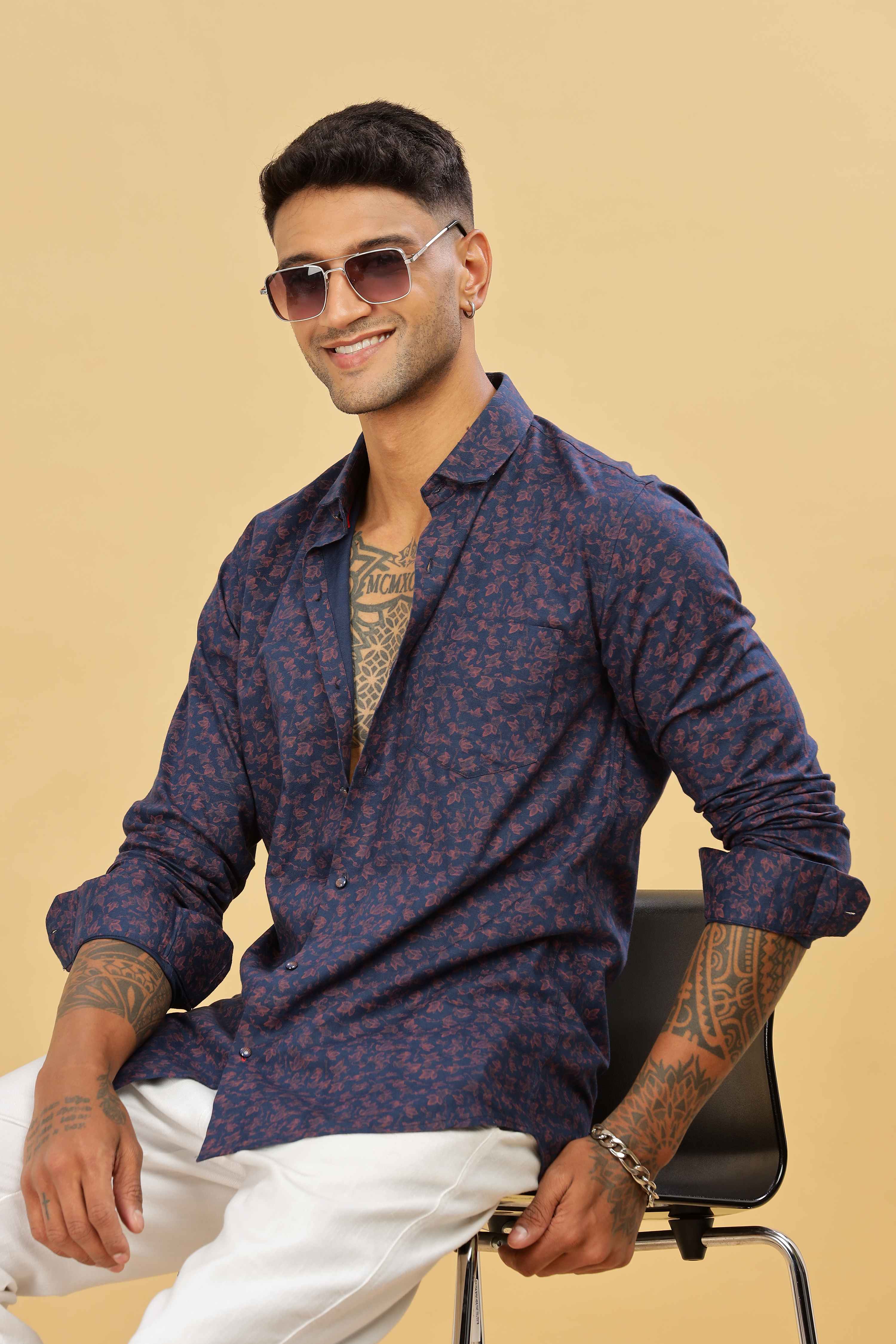 Men's Floral Printed Navy Shirt