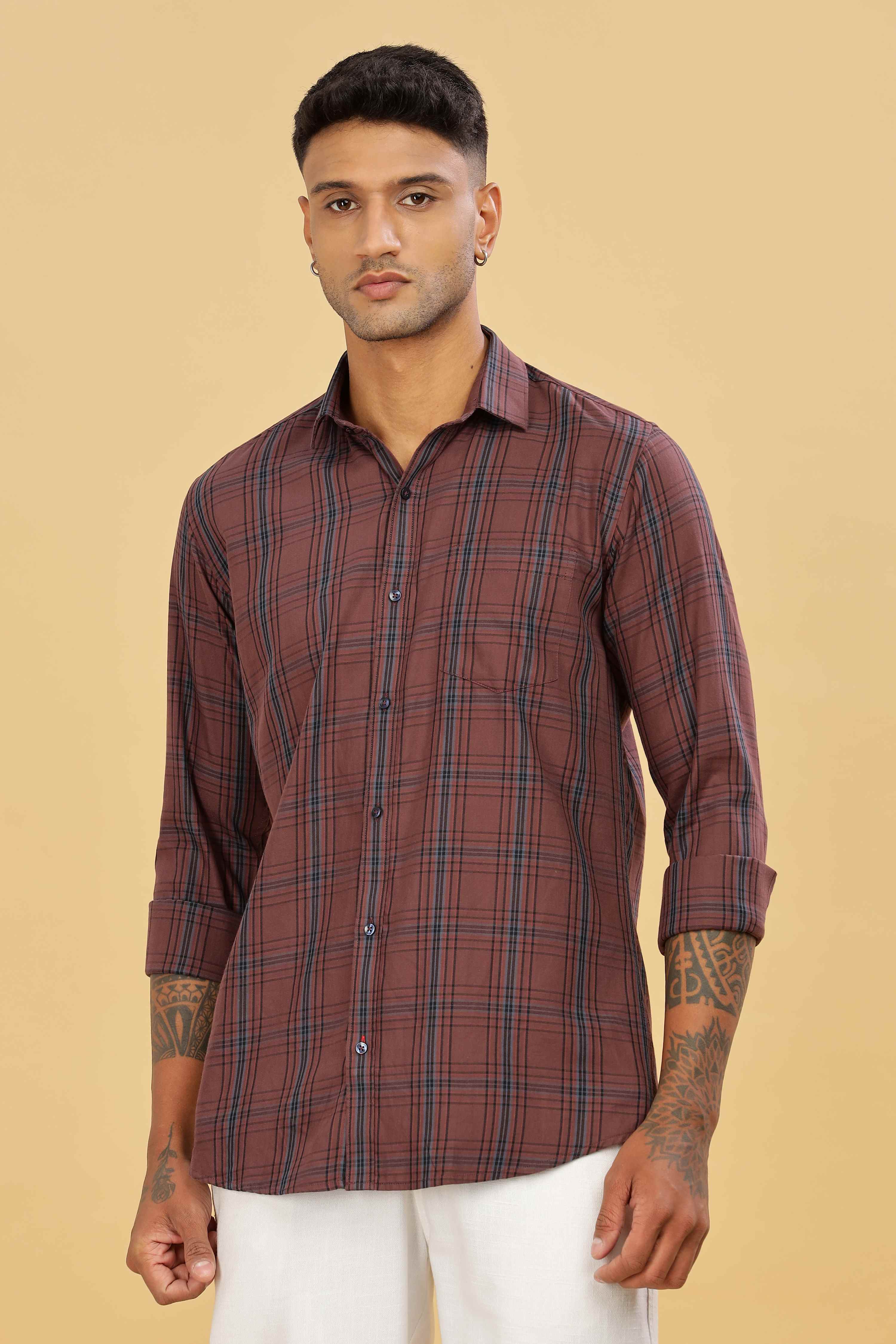 Men's Checkered Casual Cotton Maroon Shirt