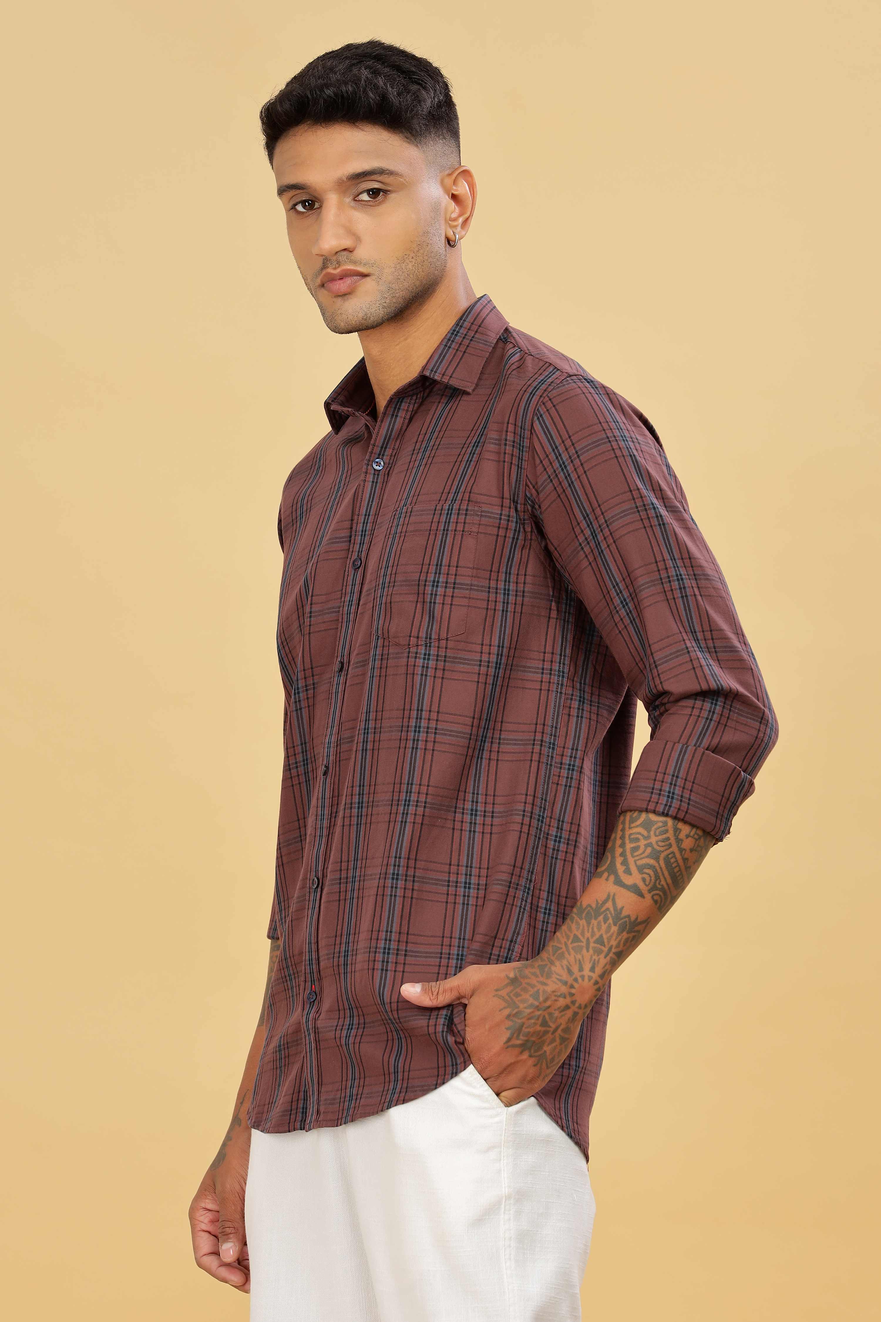 Men's Checkered Casual Cotton Maroon Shirt