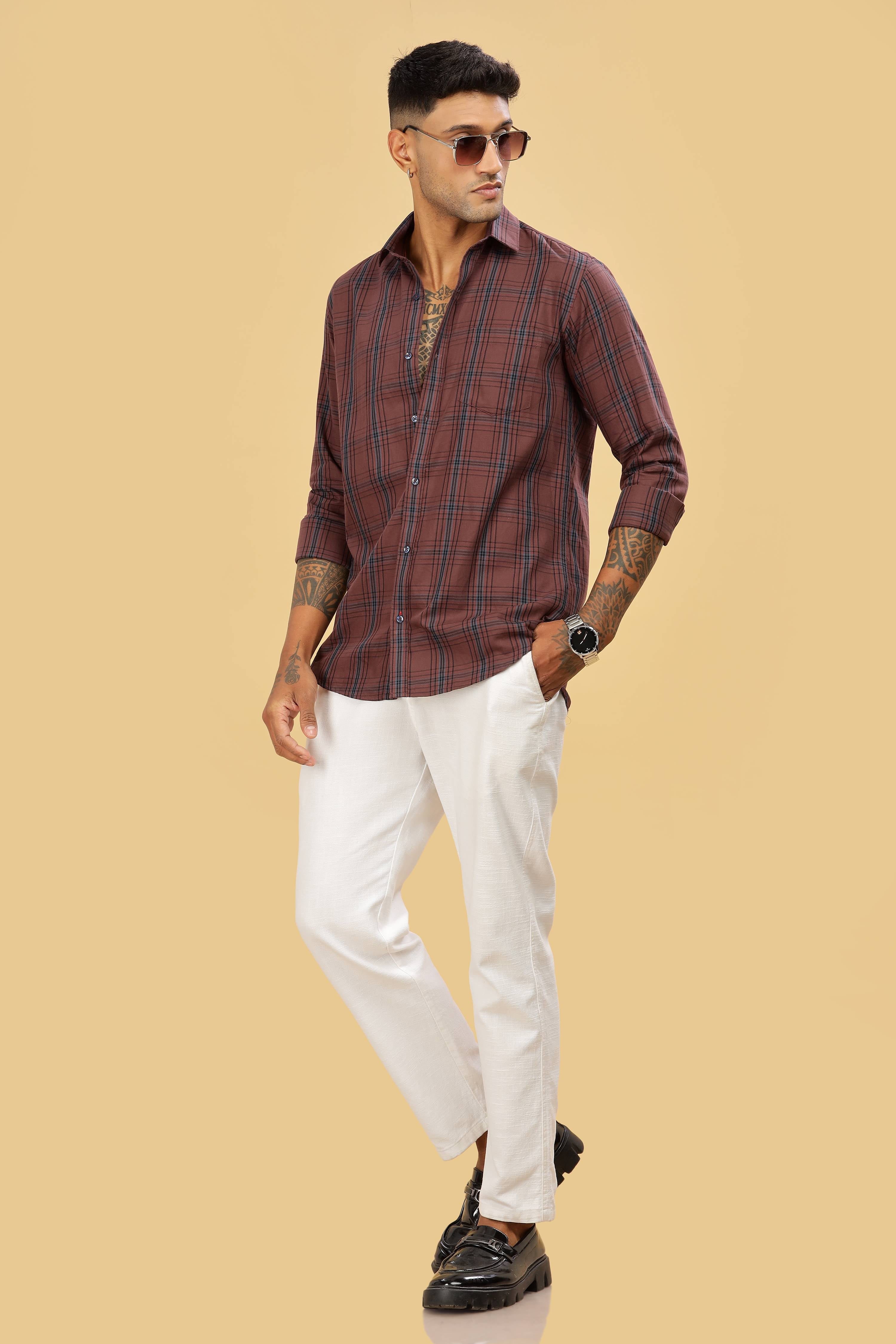 Men's Checkered Casual Cotton Maroon Shirt