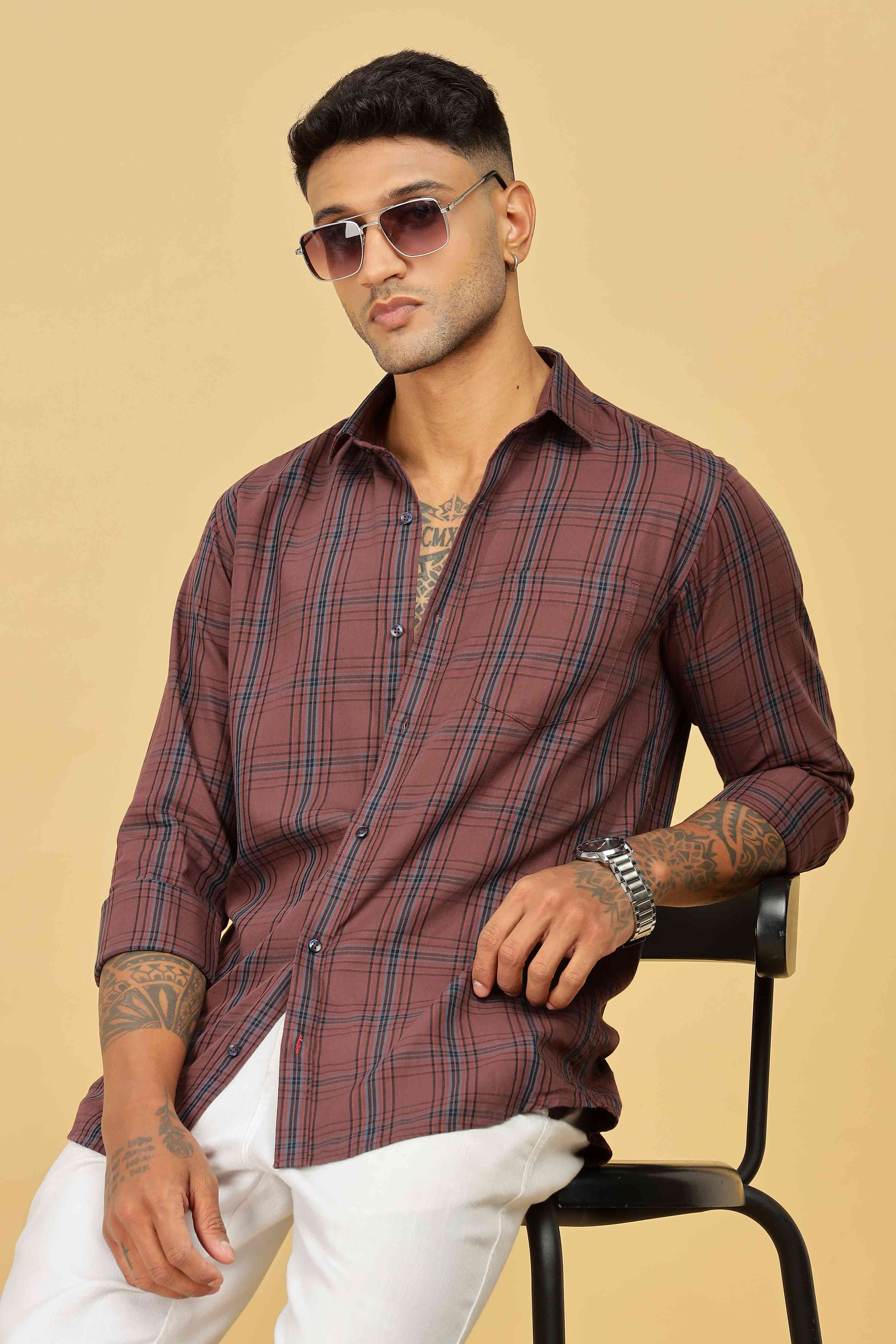 Men's Checkered Casual Cotton Maroon Shirt