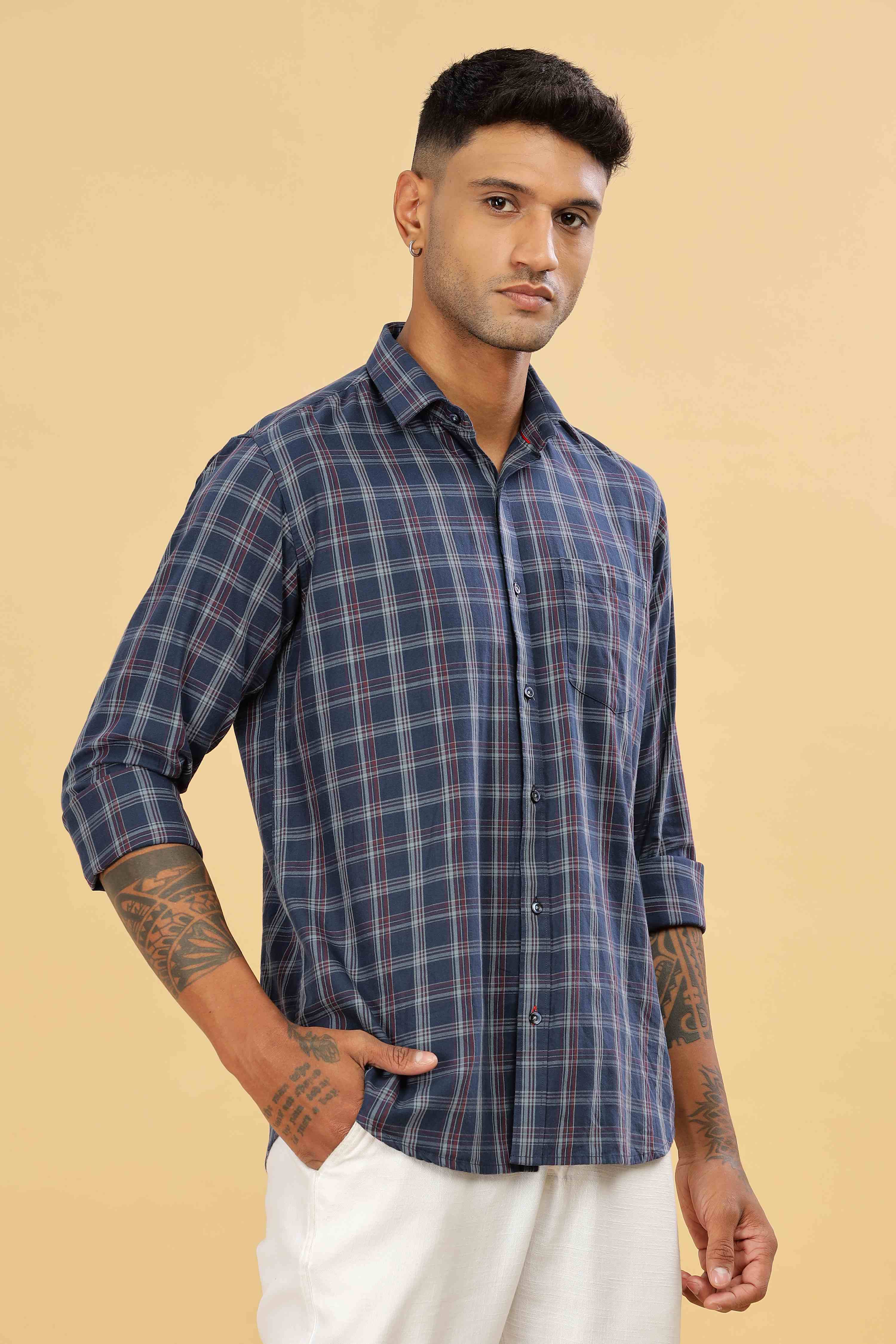 Men's Navy Casual Checkered Shirt