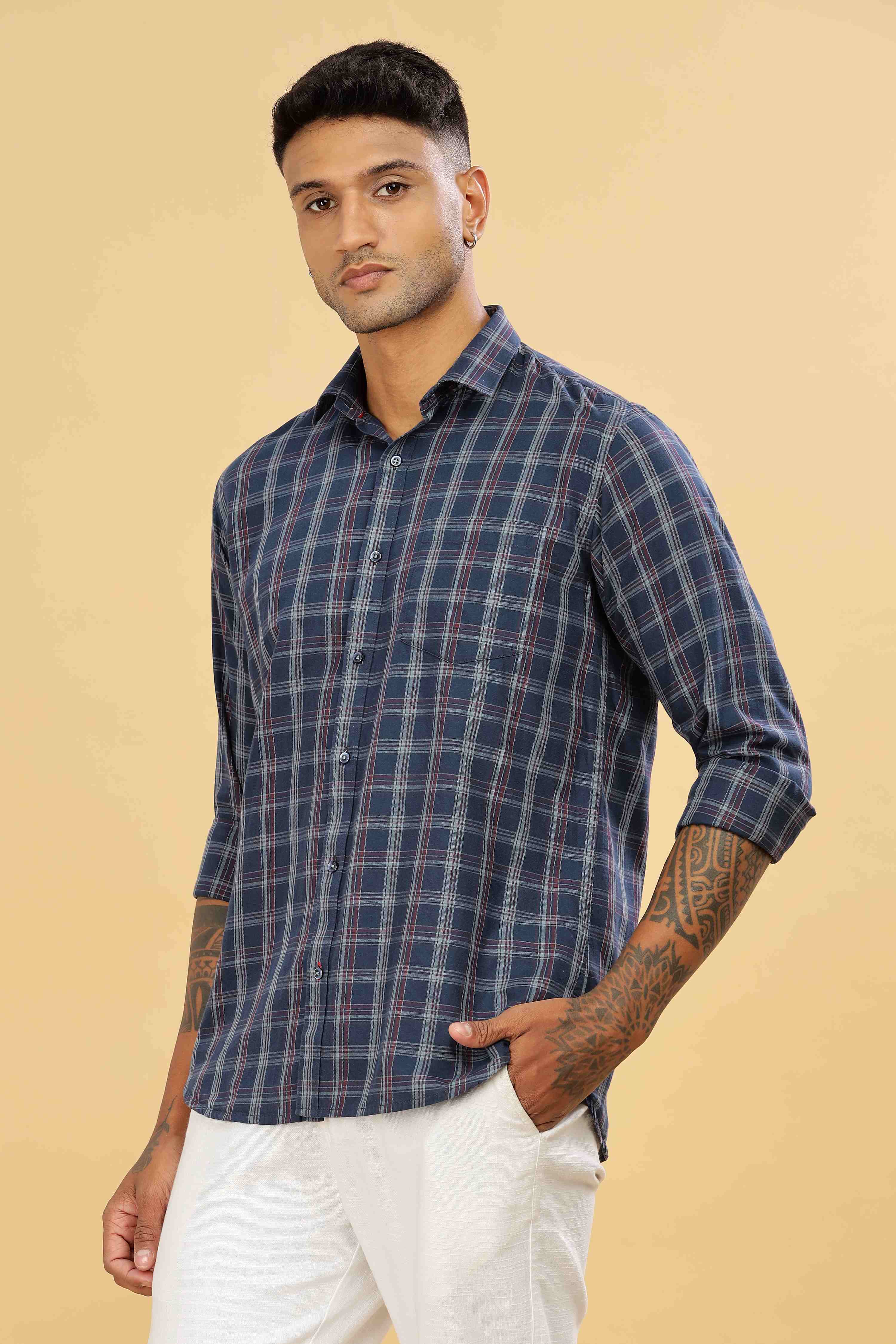 Men's Navy Casual Checkered Shirt