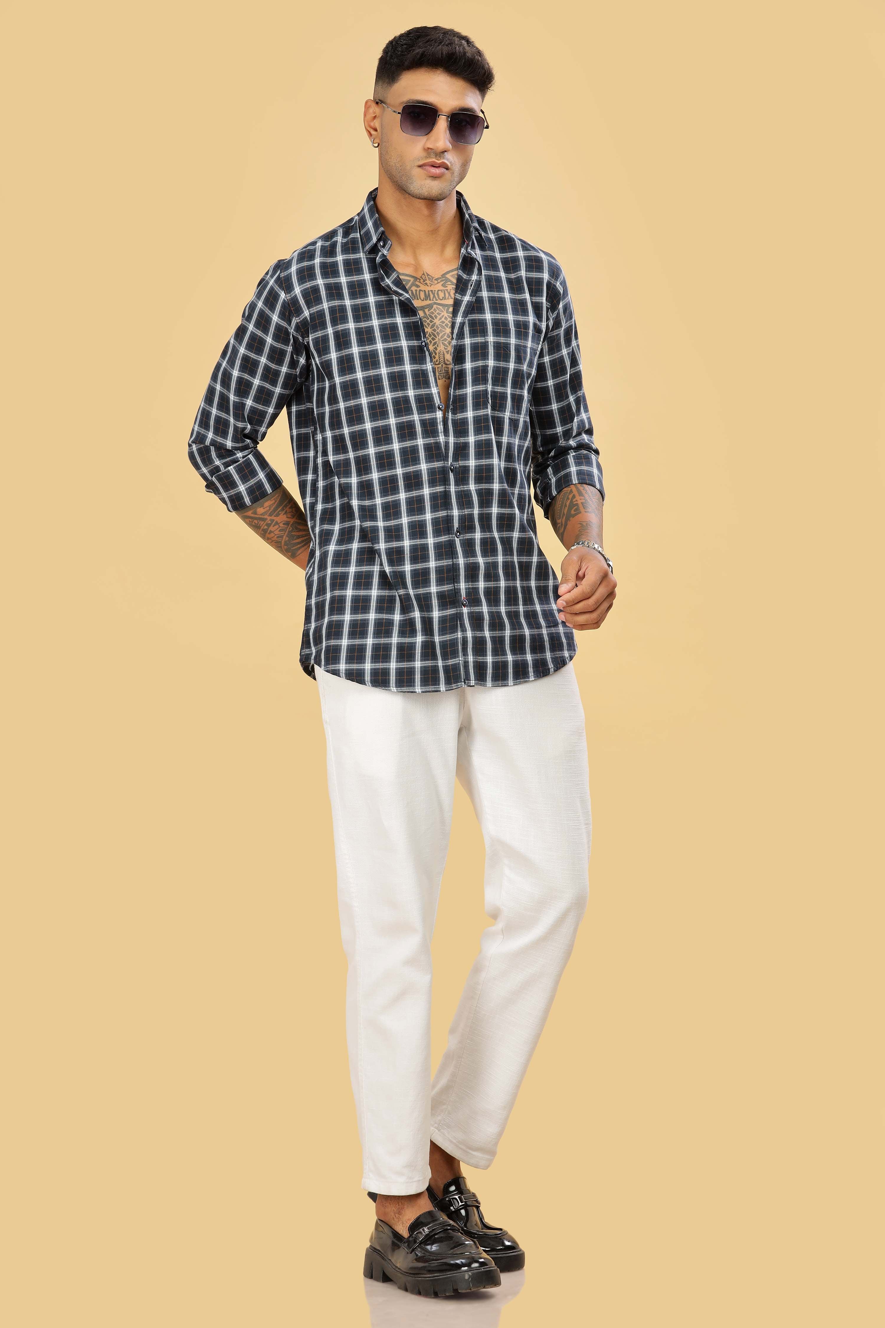 Men's Black and White Casual Checks Shirt
