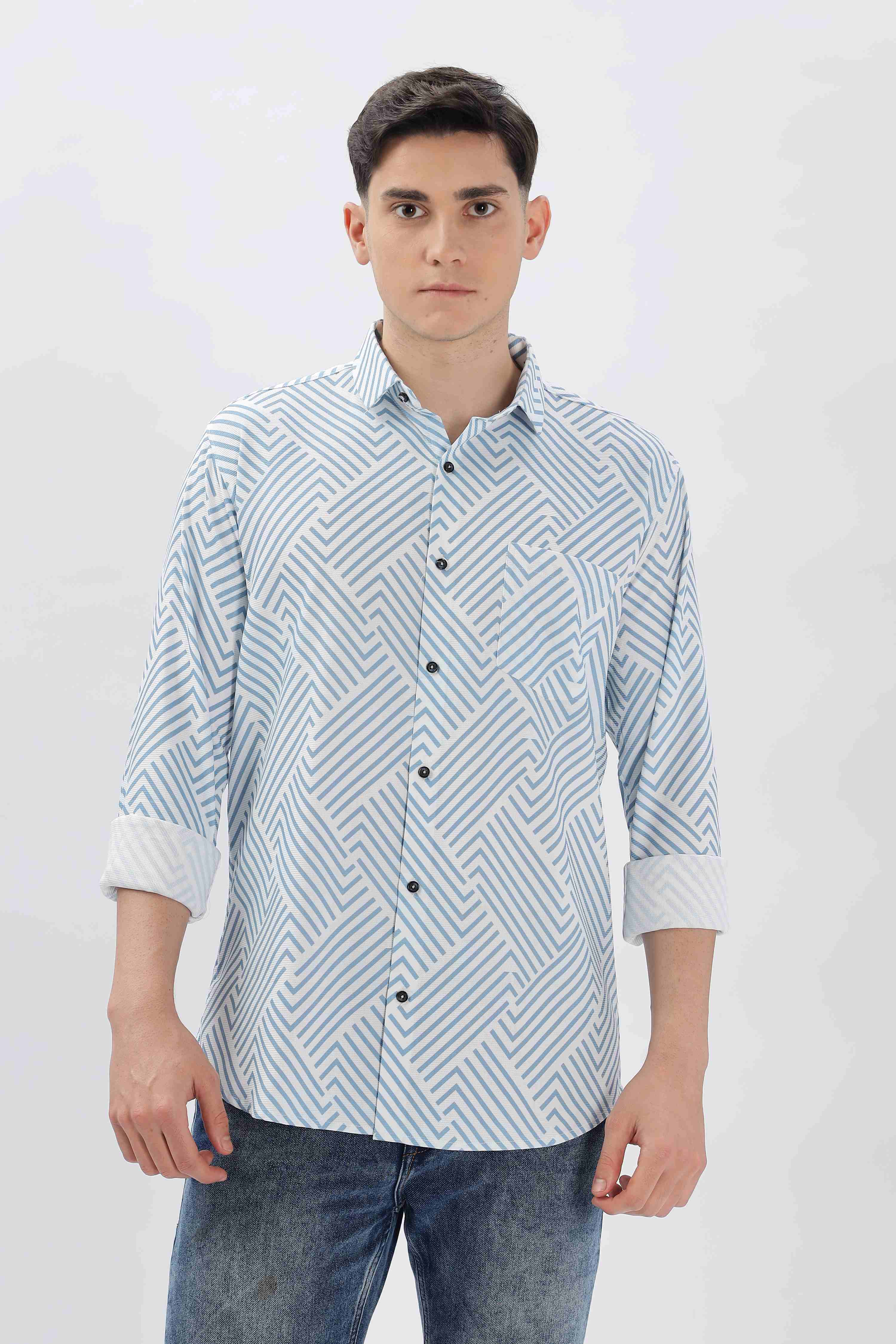 White Geometric Printed Lines Shirt