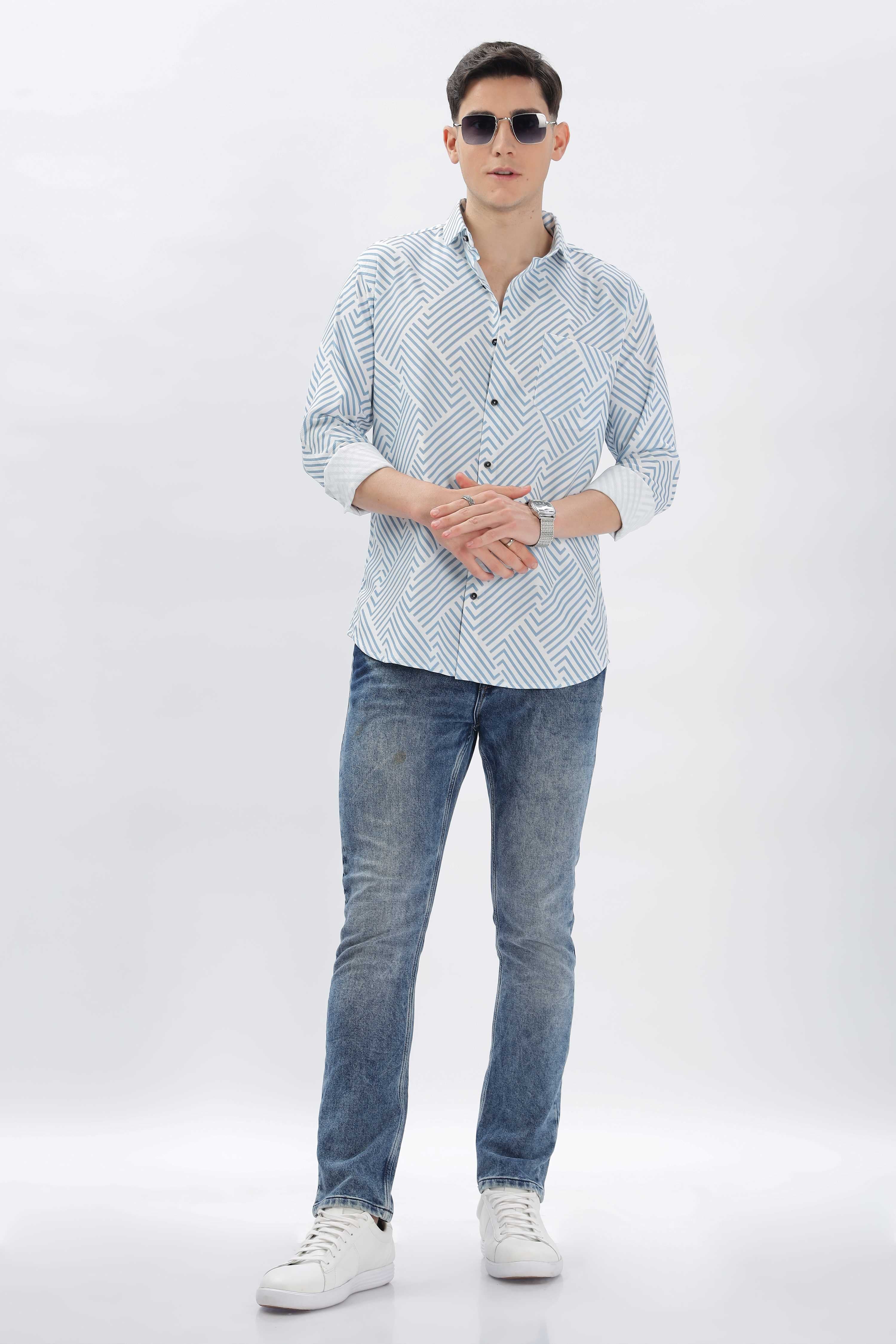 White Geometric Printed Lines Shirt