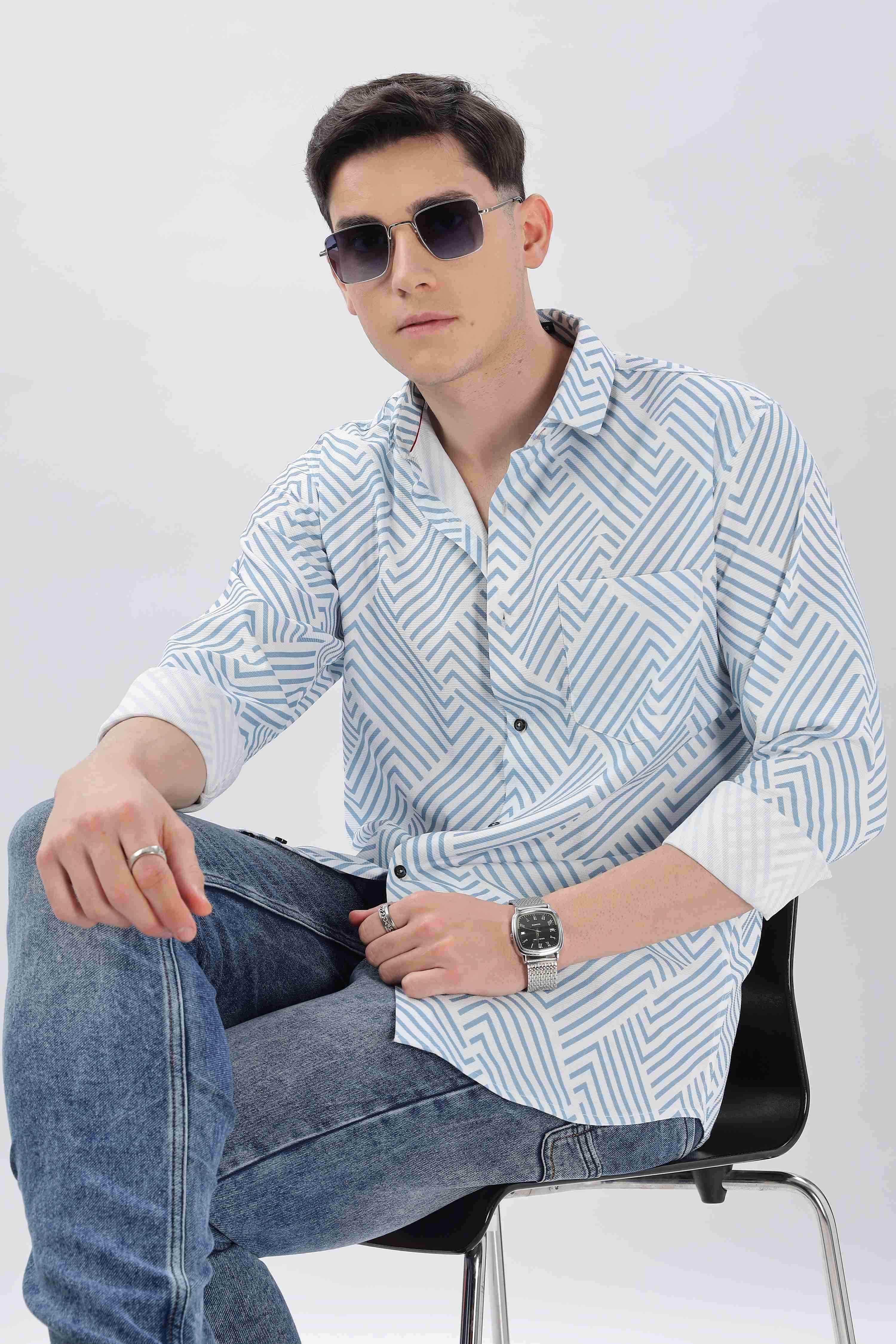 White Geometric Printed Lines Shirt