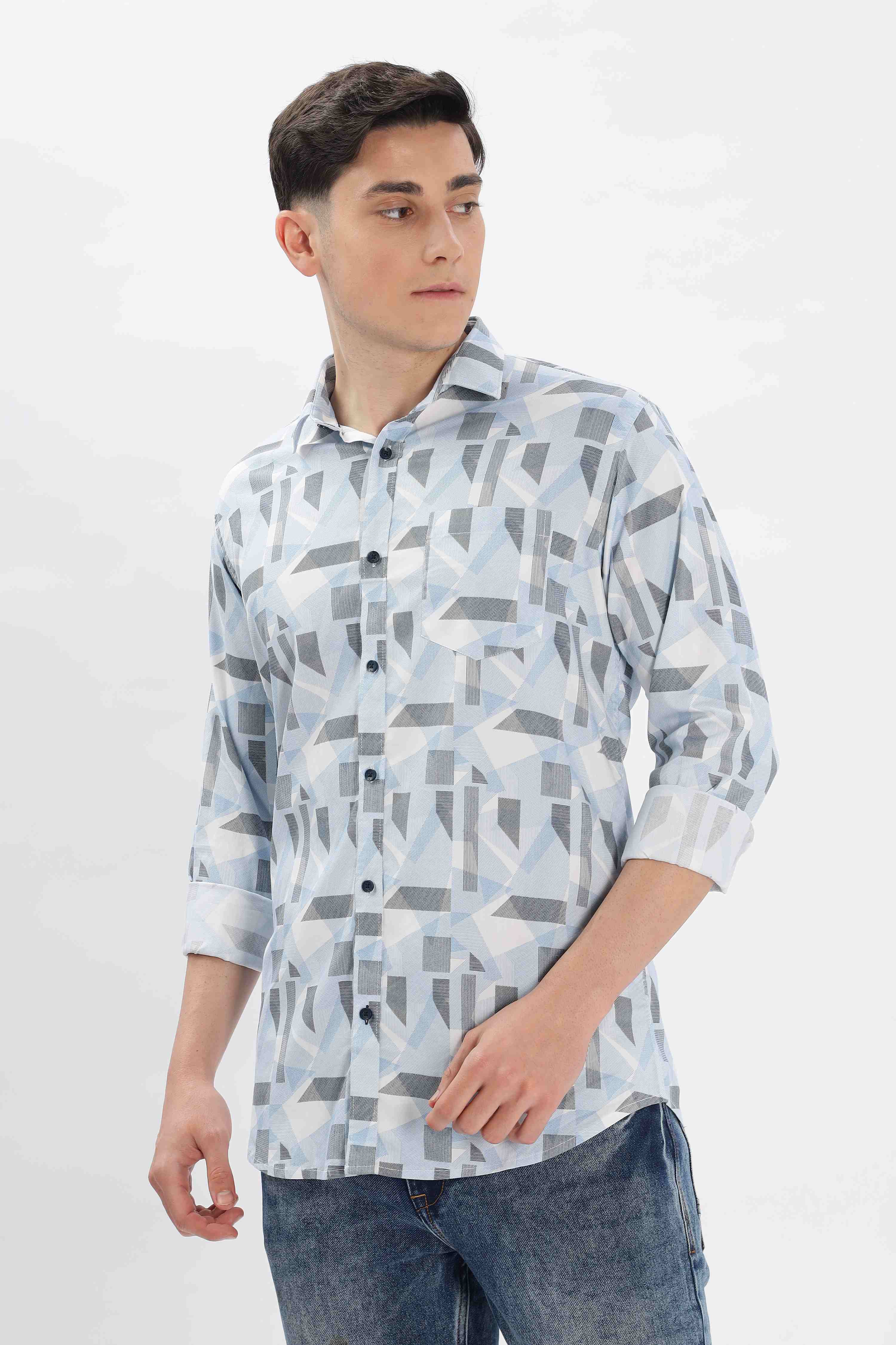 Men Printed Casual Silver Shirt
