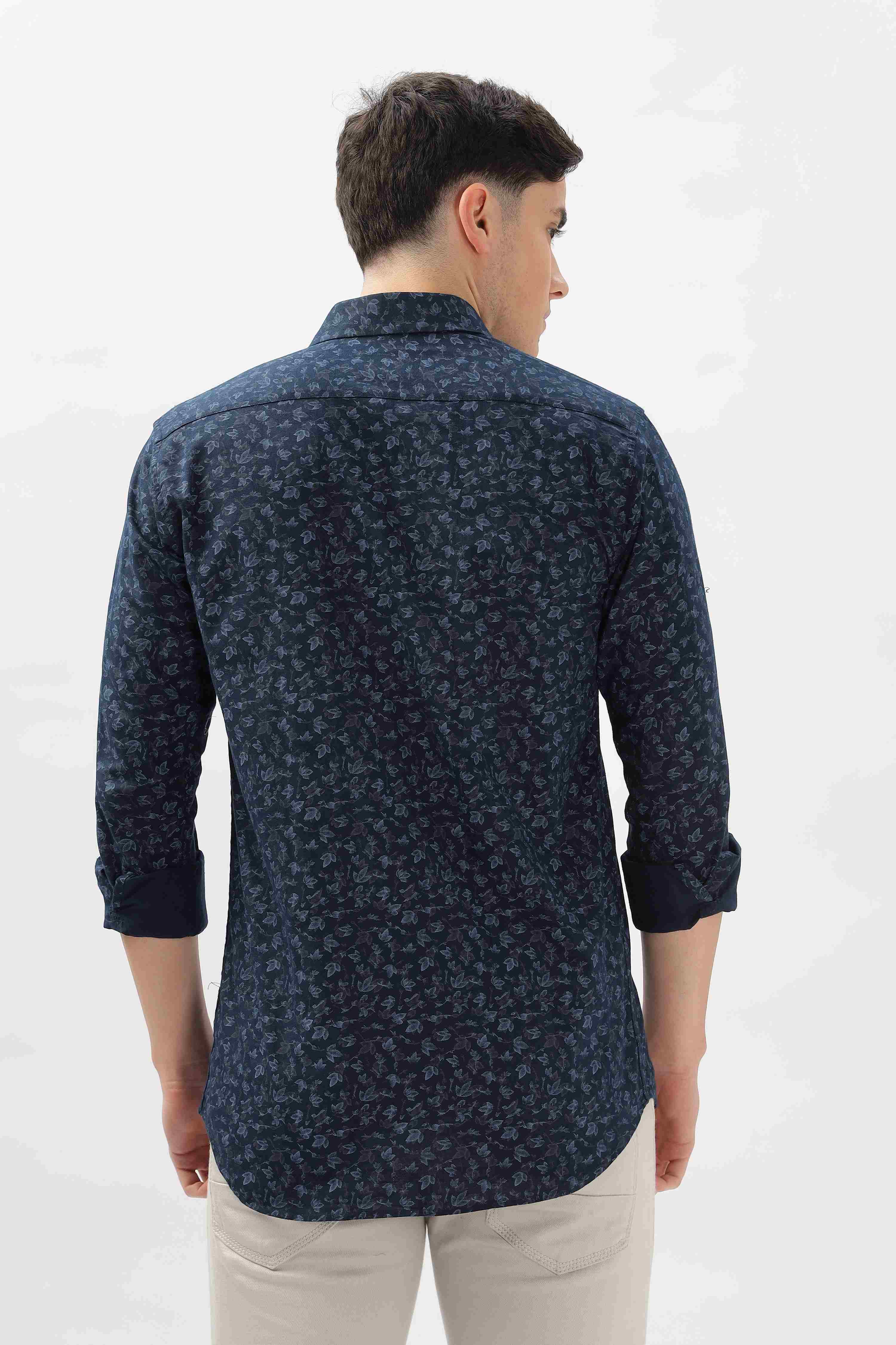Navy Floral Leaves Pattern Shirt