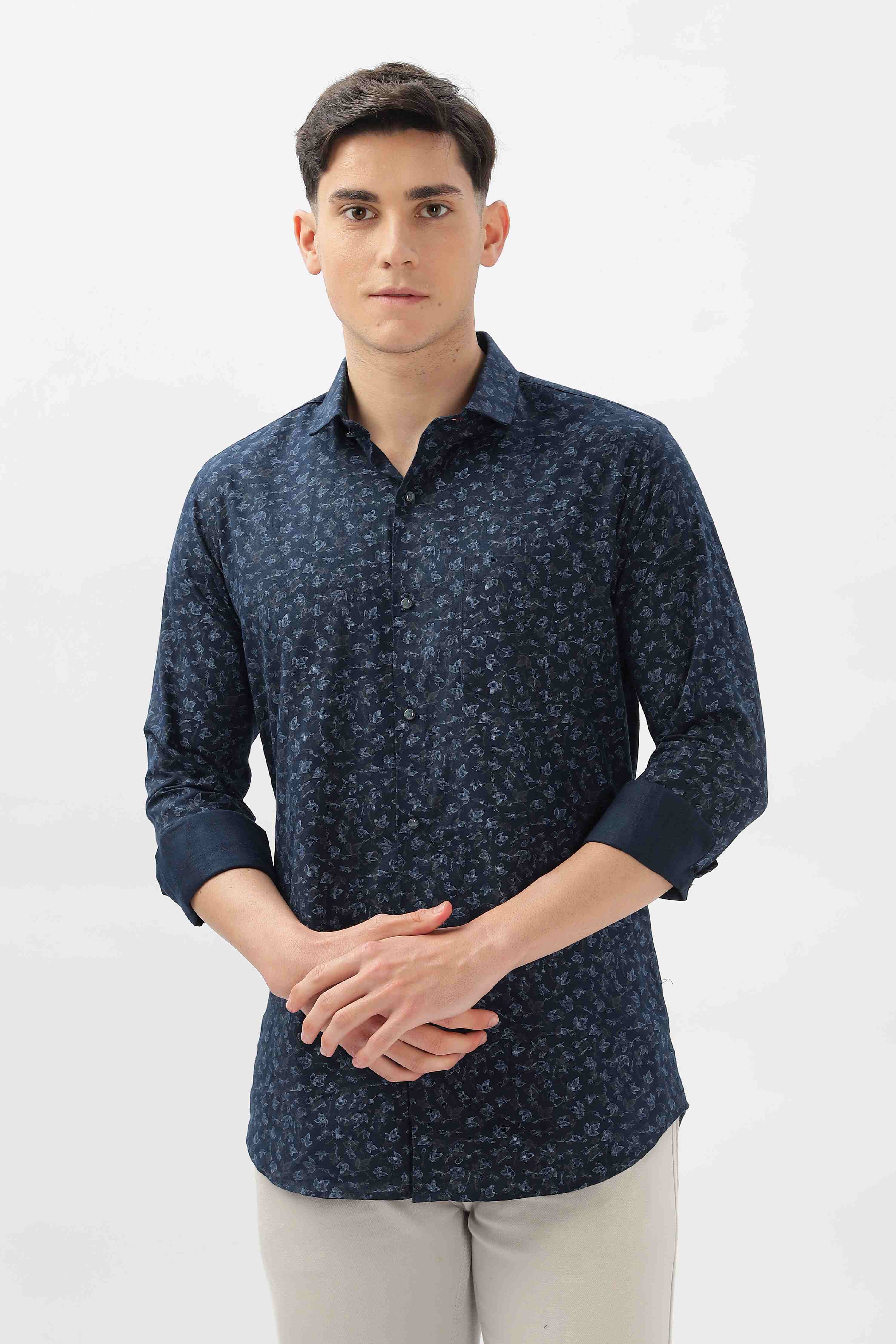 Navy Floral Leaves Pattern Shirt