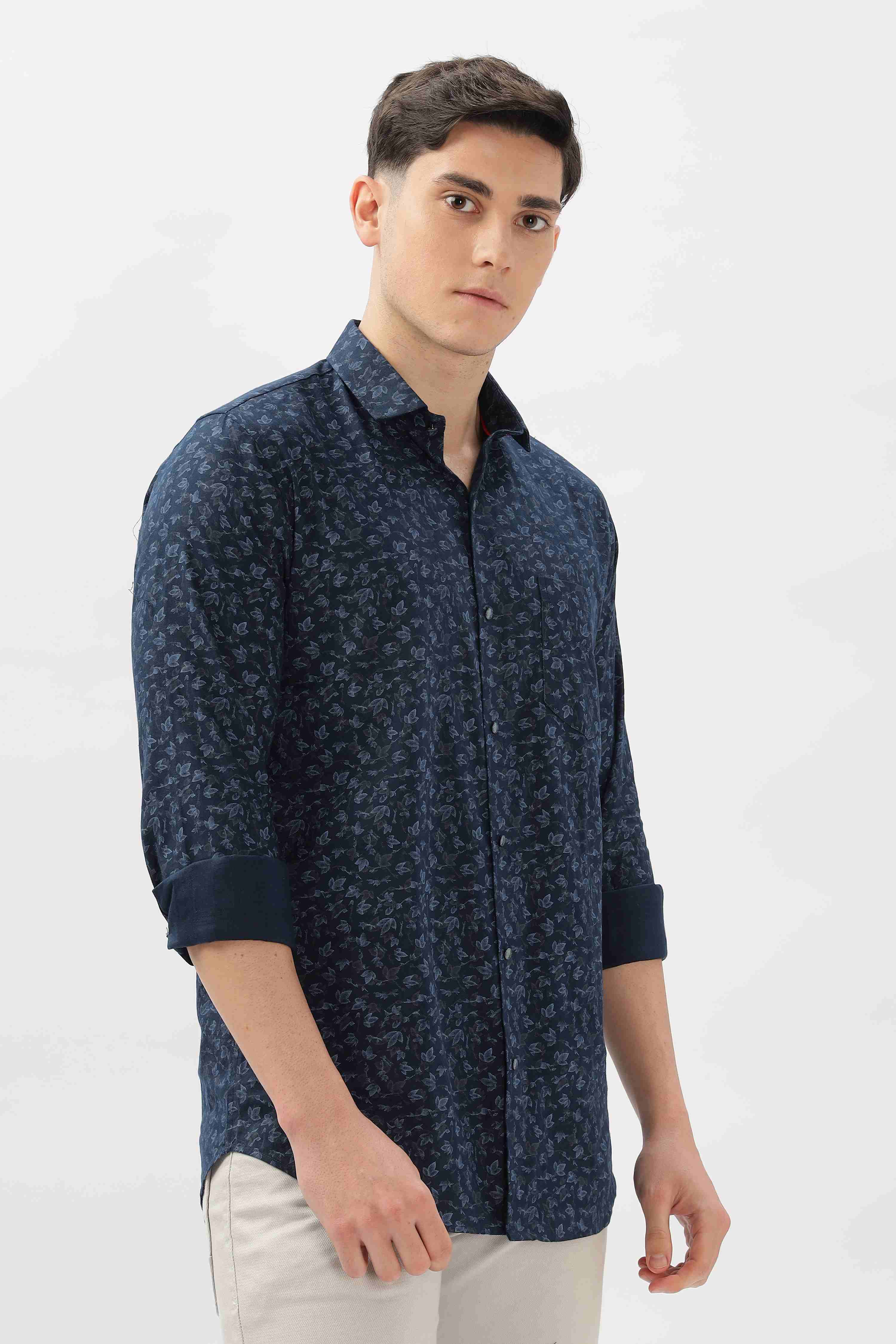 Navy Floral Leaves Pattern Shirt
