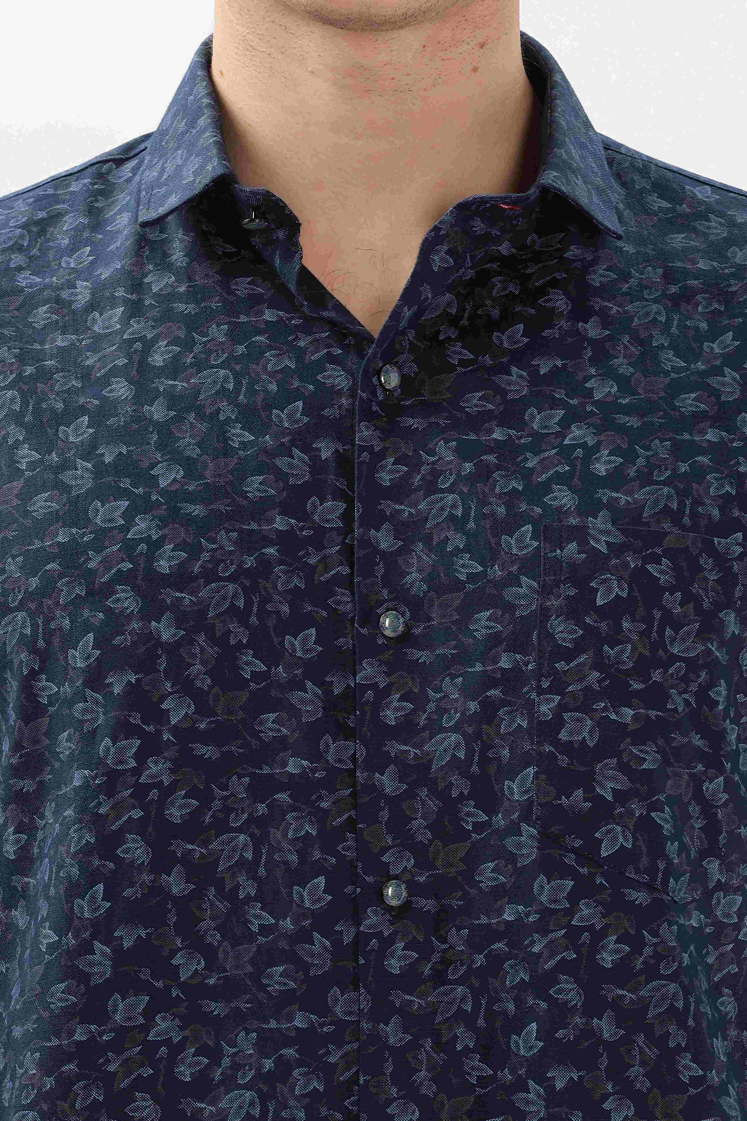 Navy Floral Leaves Pattern Shirt