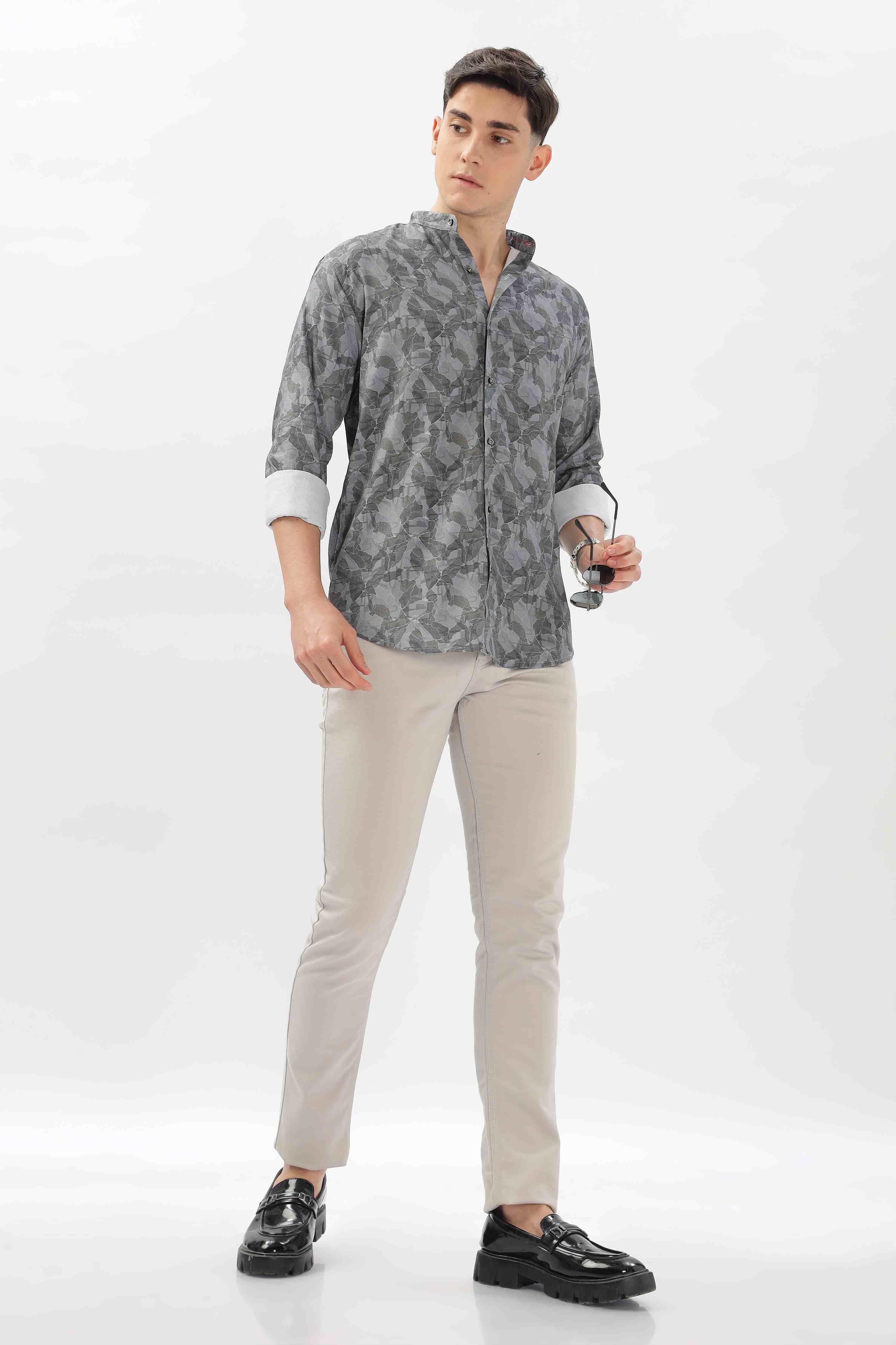 Grey Digital Printed Mandarin Collar shirt