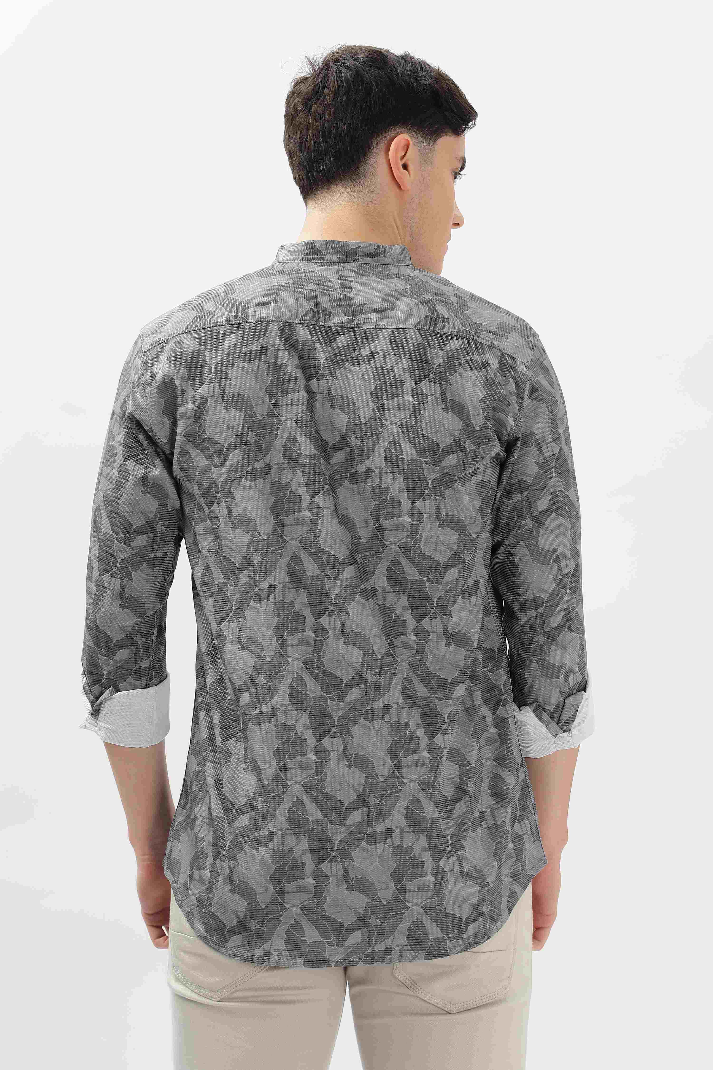 Grey Digital Printed Mandarin Collar shirt