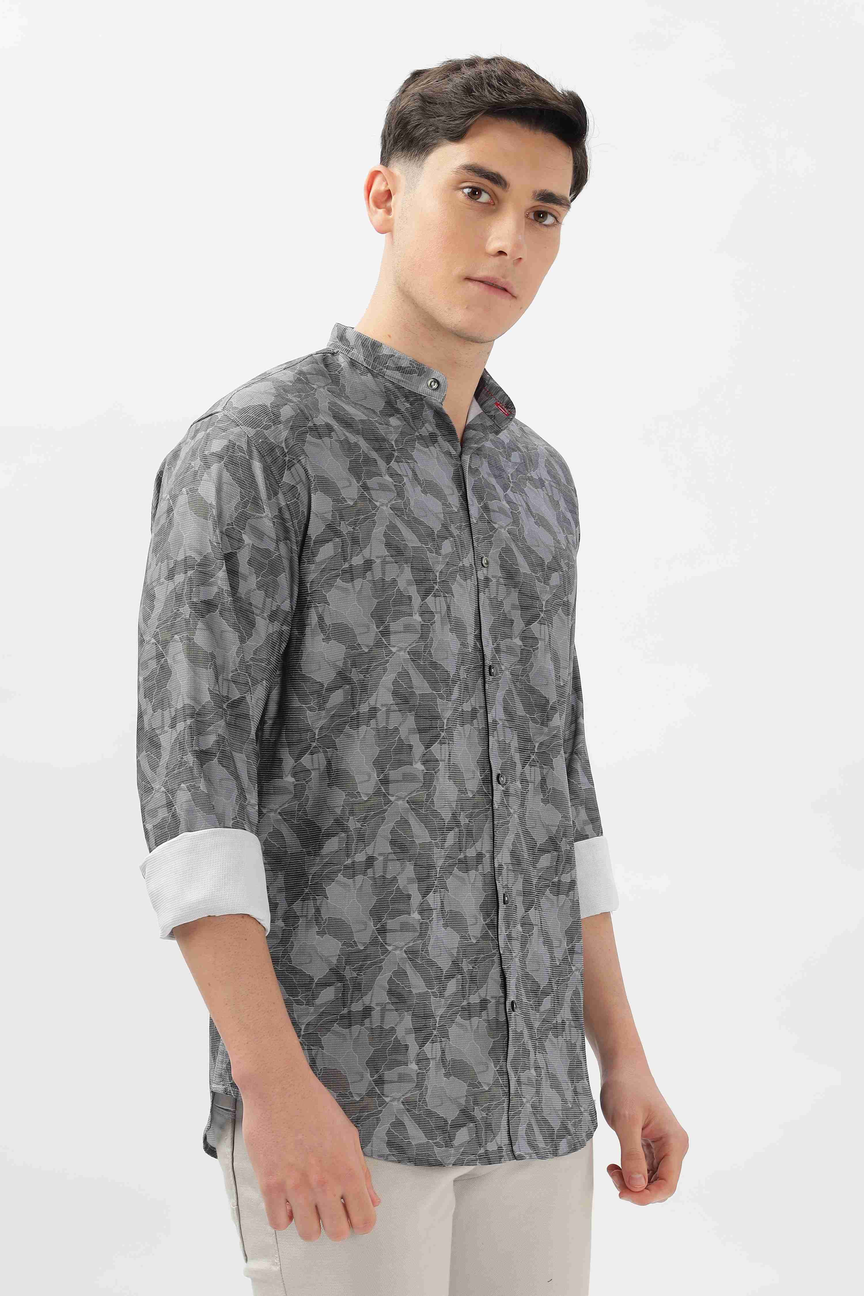 Grey Digital Printed Mandarin Collar shirt