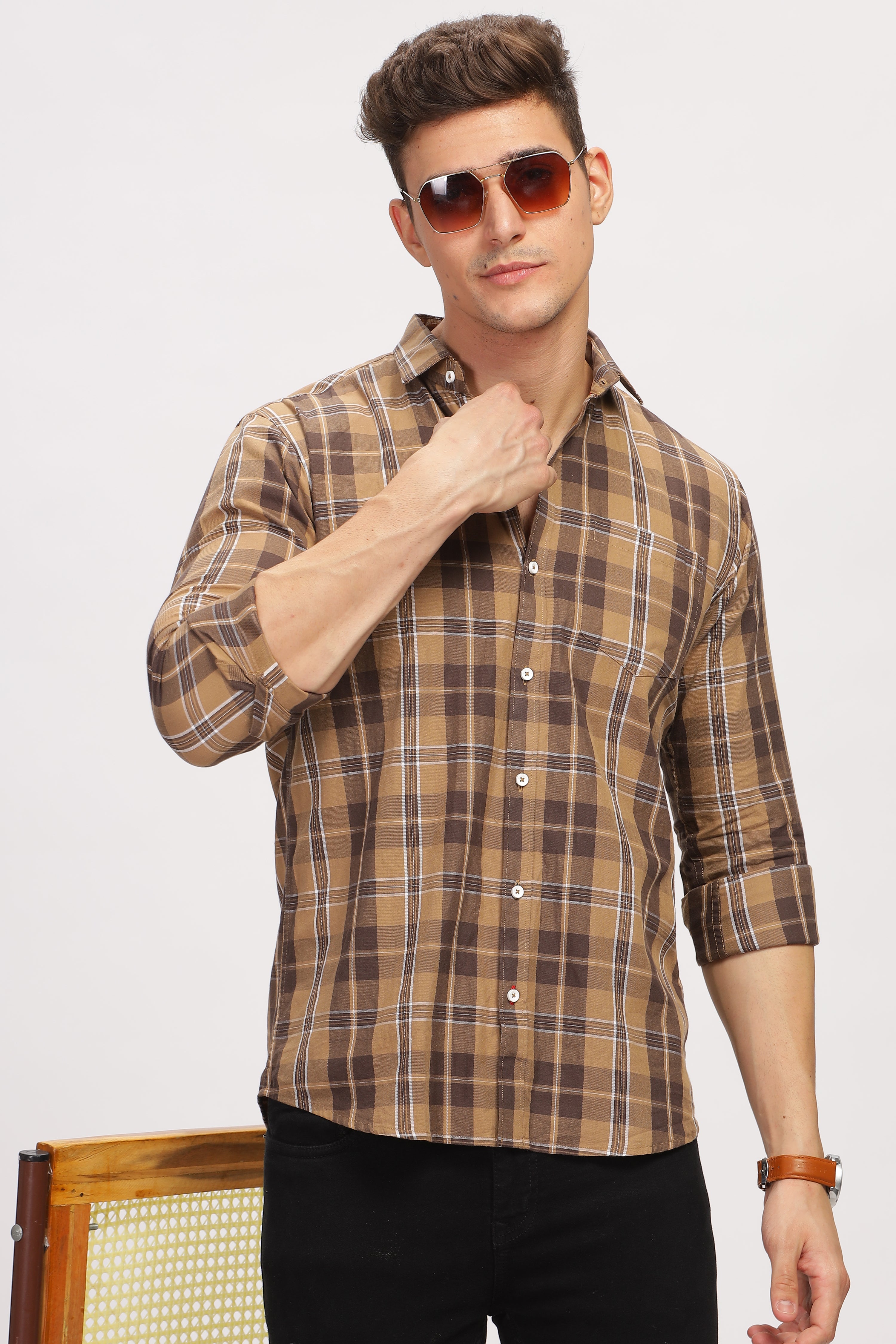 Rust Brown Slim Fit Checkered Shirt