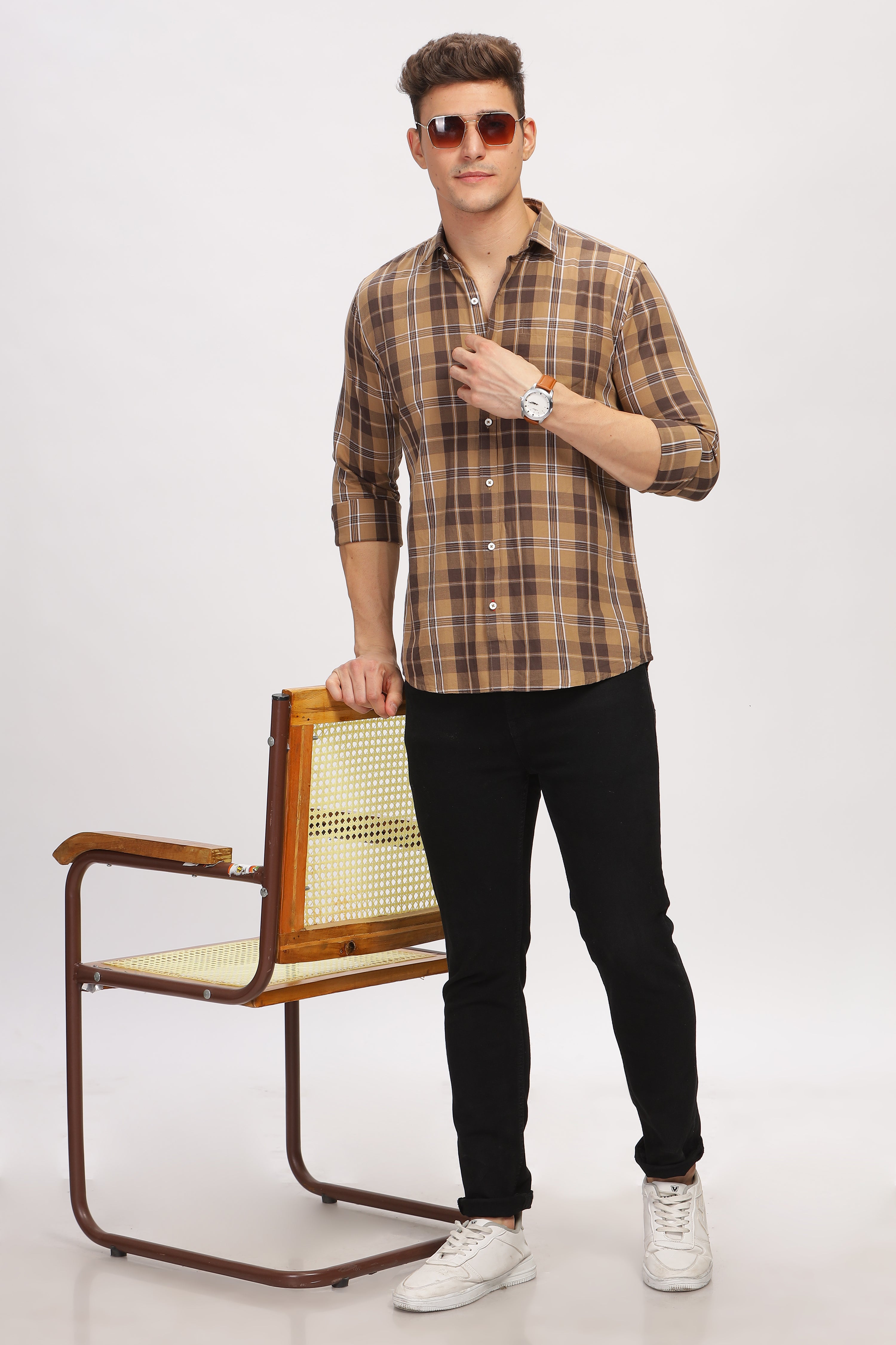 Rust Brown Slim Fit Checkered Shirt