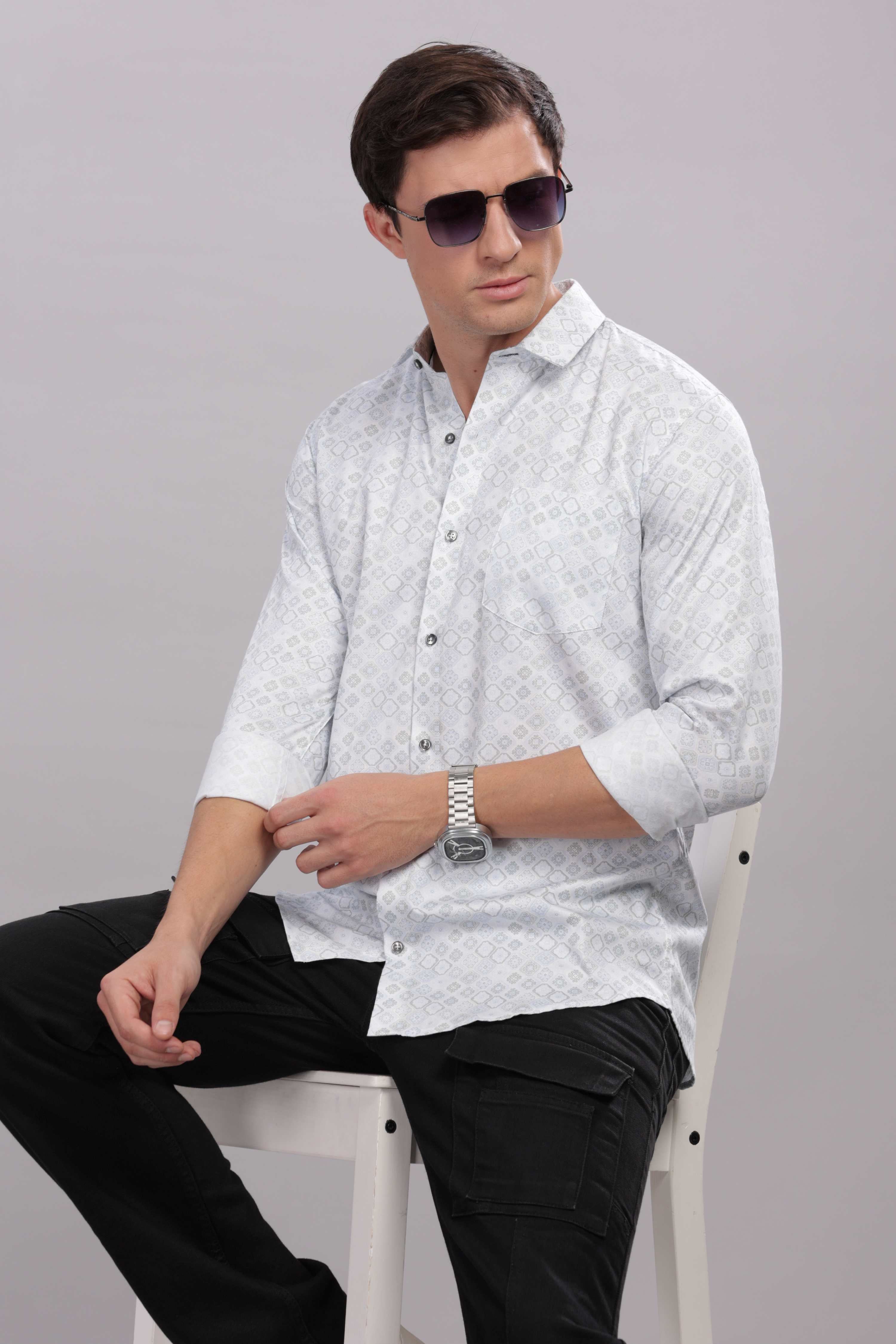 White Cotton Slim Fit Geometric Printed Shirt