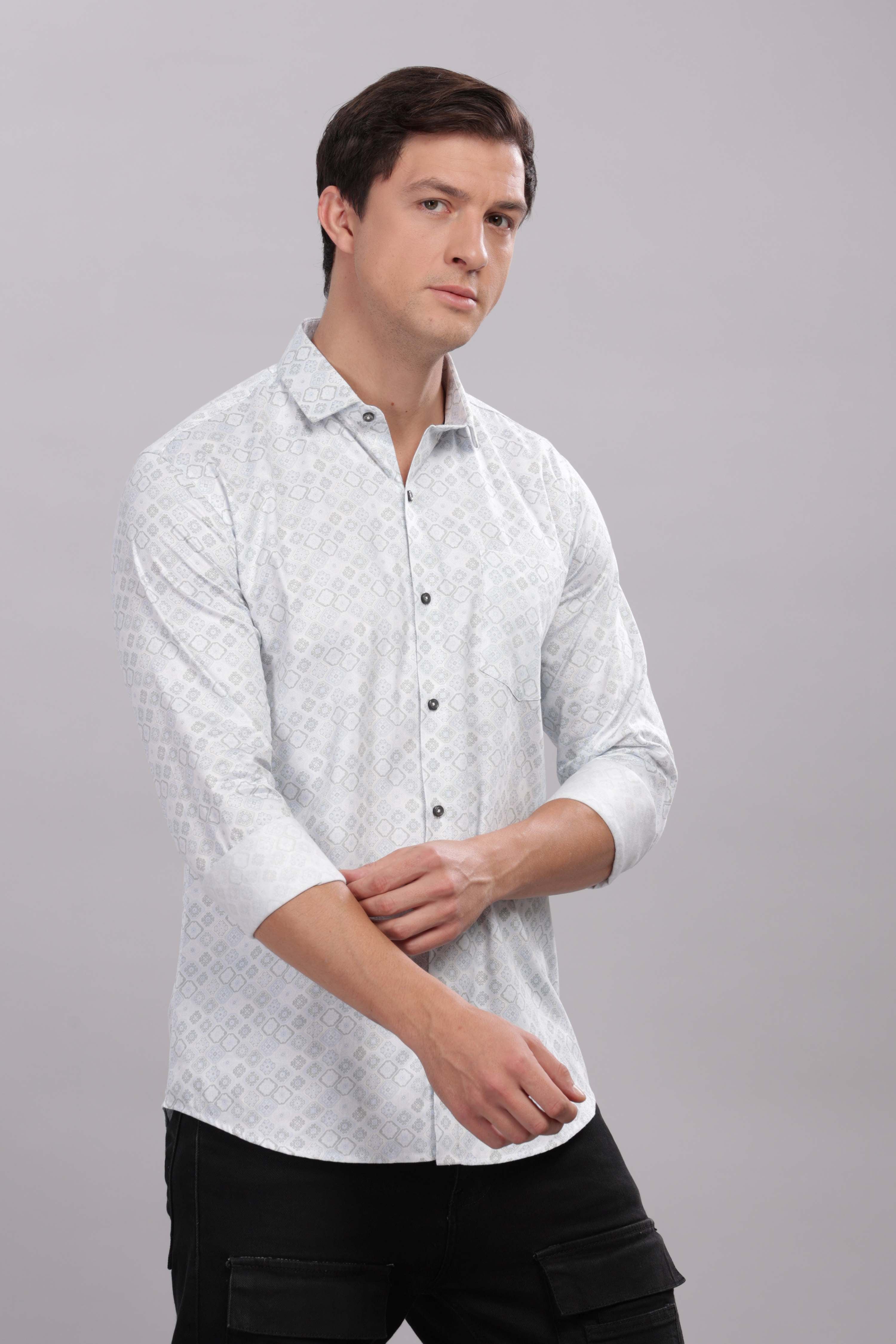 White Cotton Slim Fit Geometric Printed Shirt