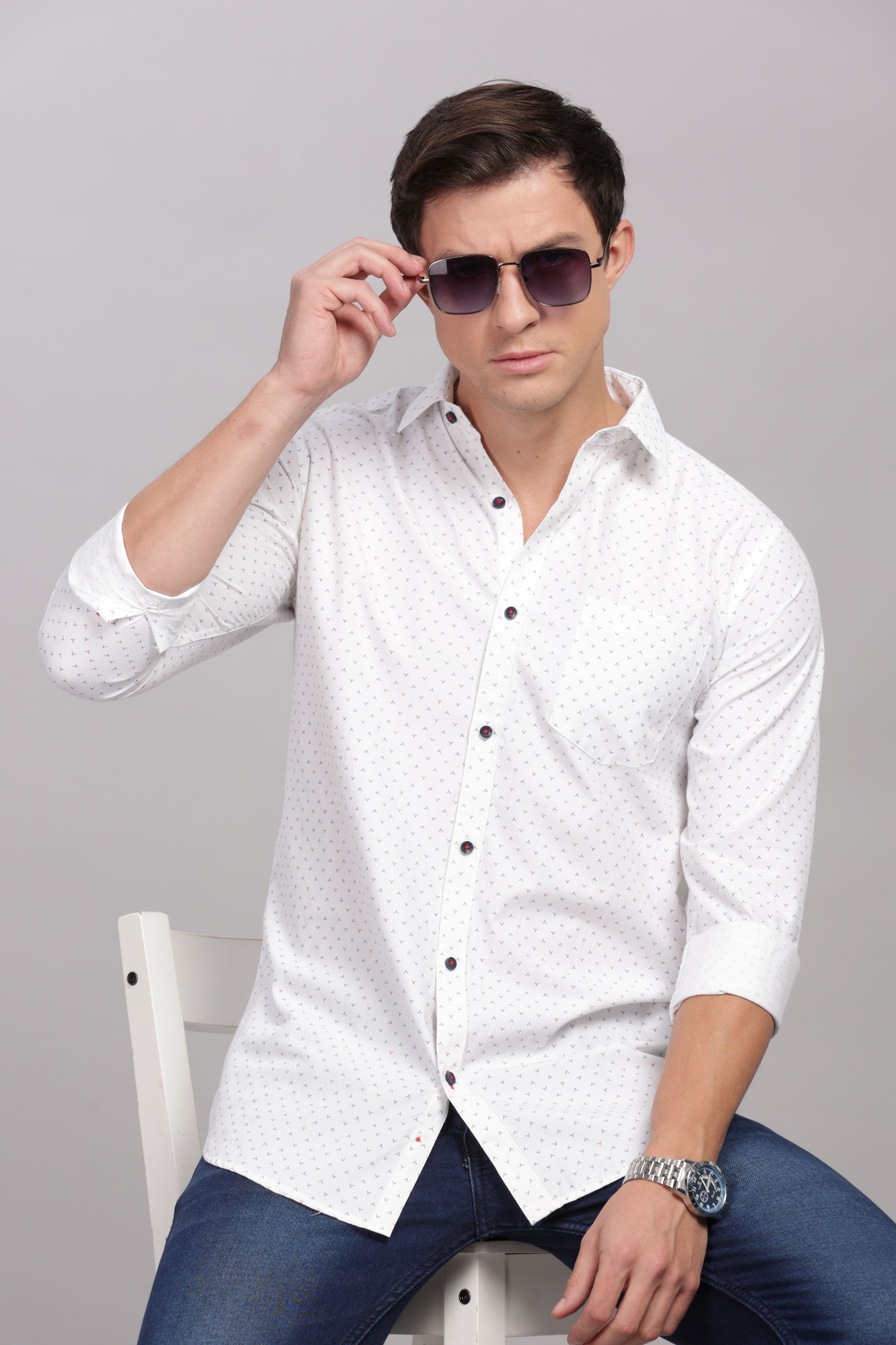 Geometric Motif Printed White Shirt