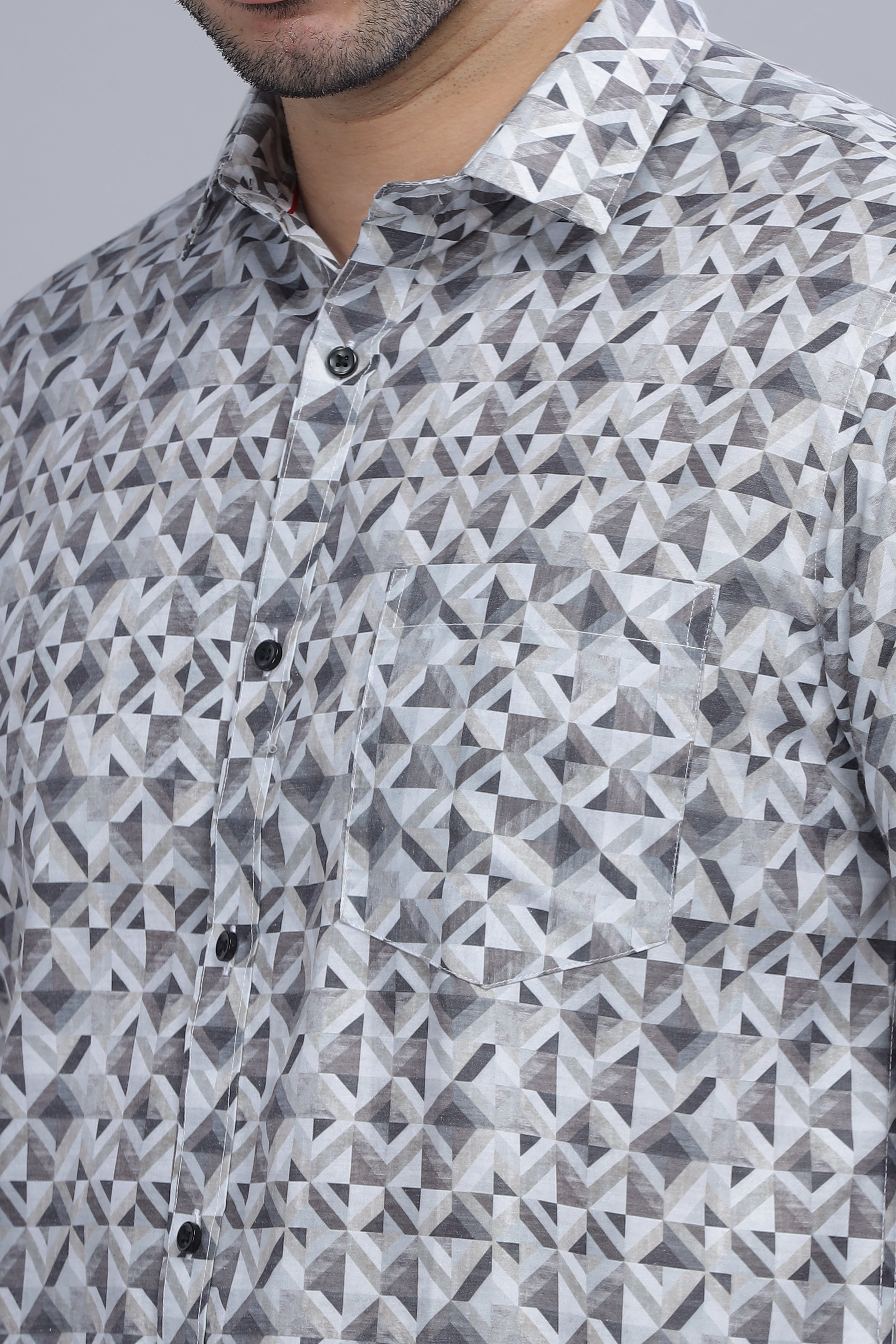 Cotton Blend Printed Grey Shirt