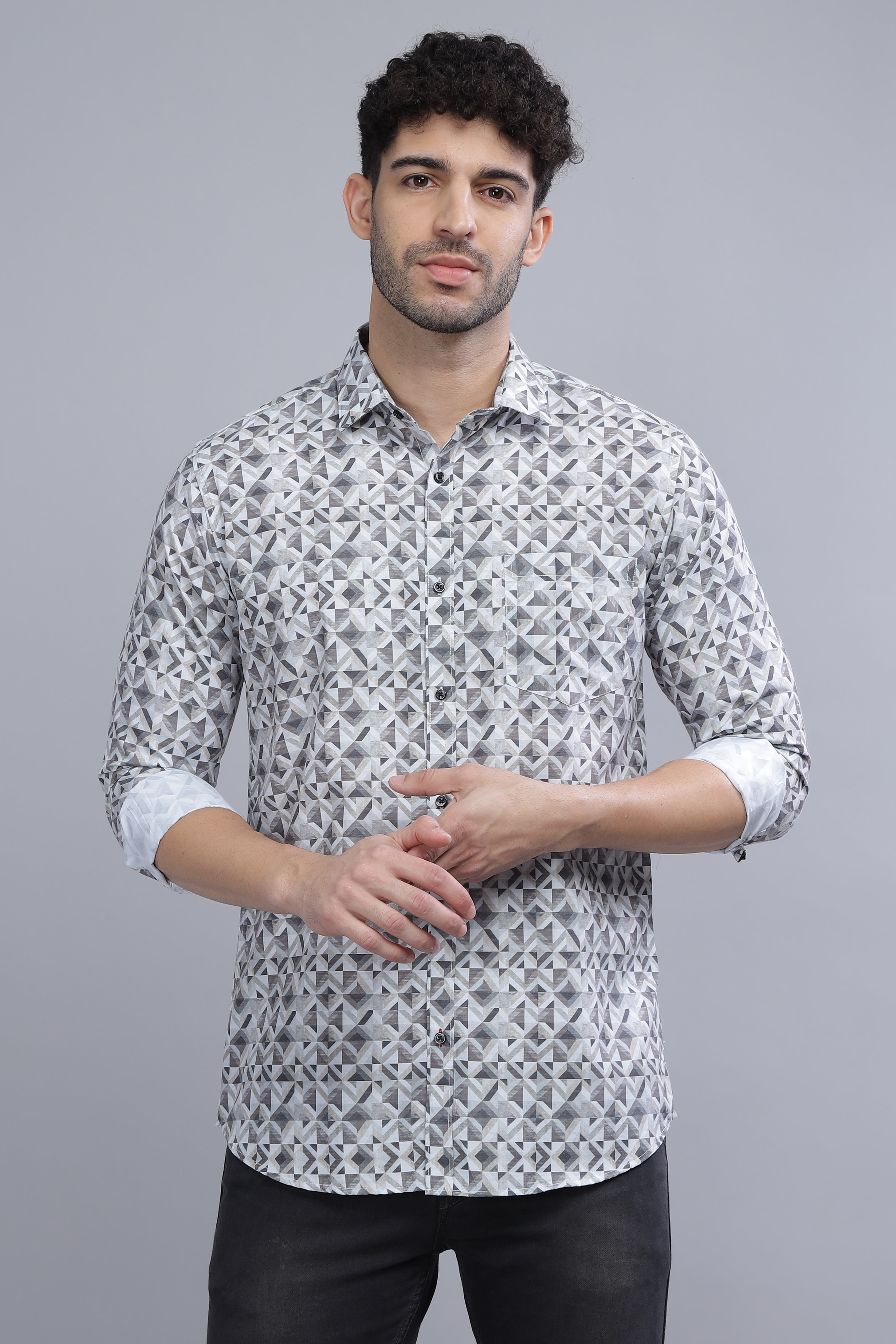 Cotton Blend Printed Grey Shirt