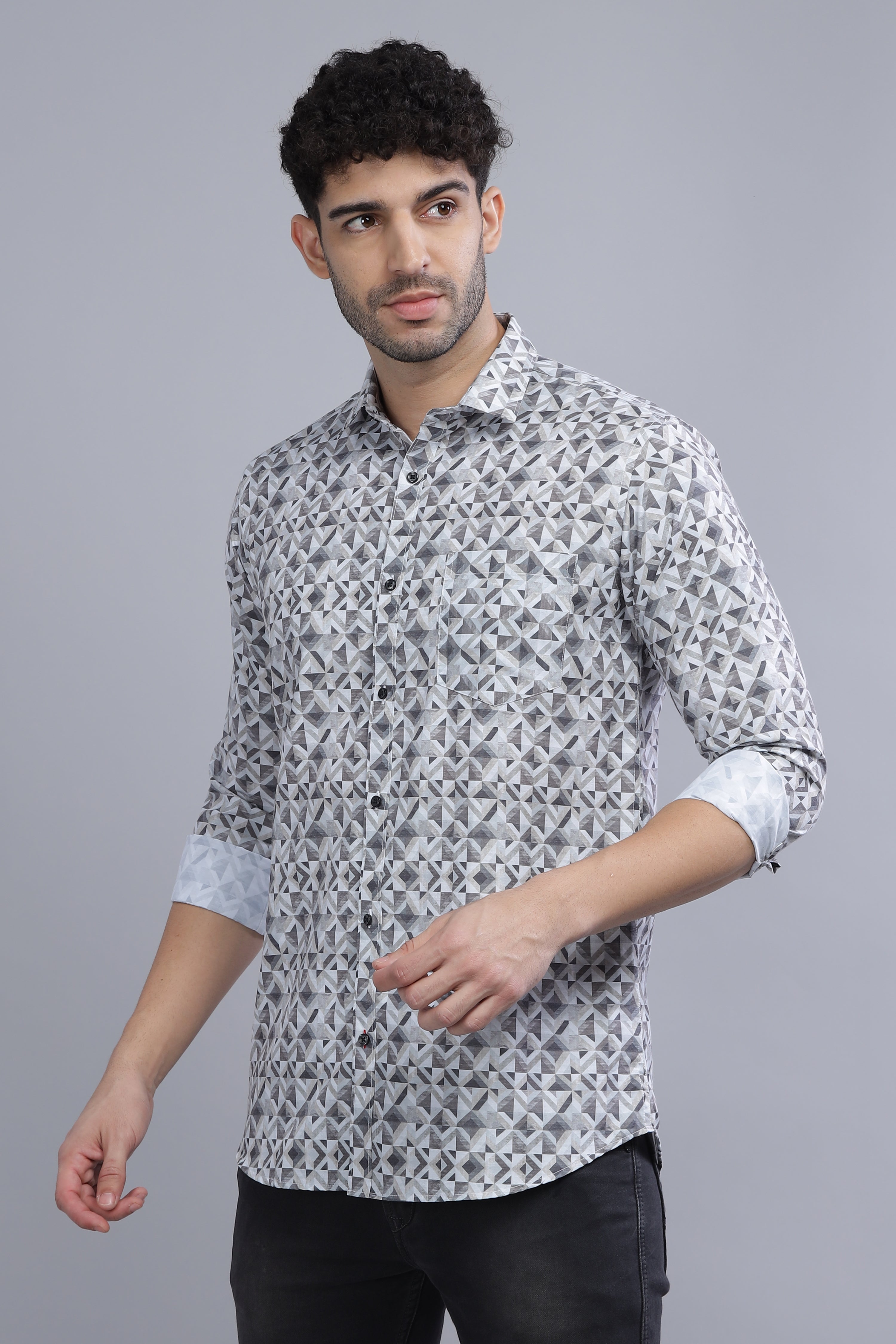 Cotton Blend Printed Grey Shirt