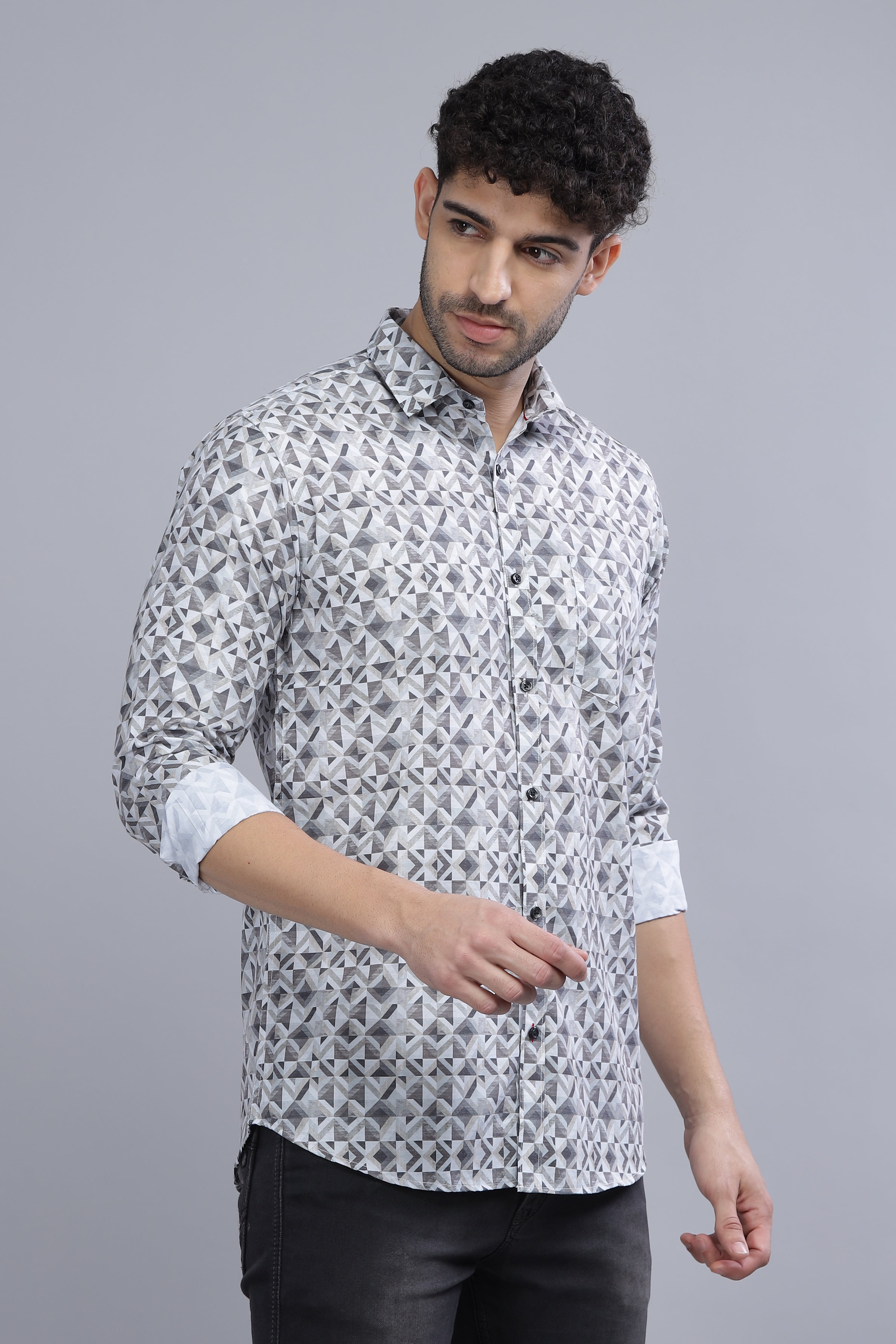 Cotton Blend Printed Grey Shirt