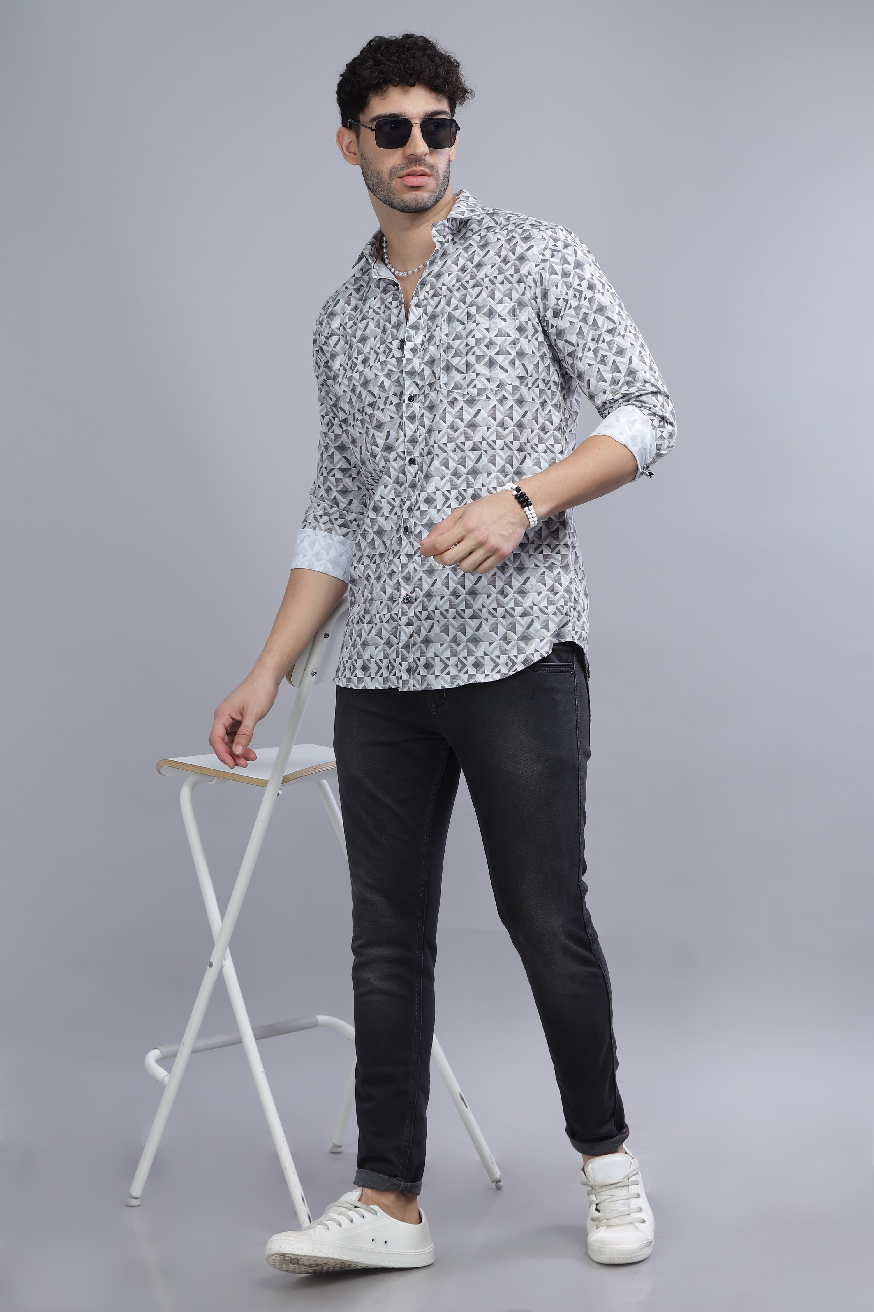 Cotton Blend Printed Grey Shirt