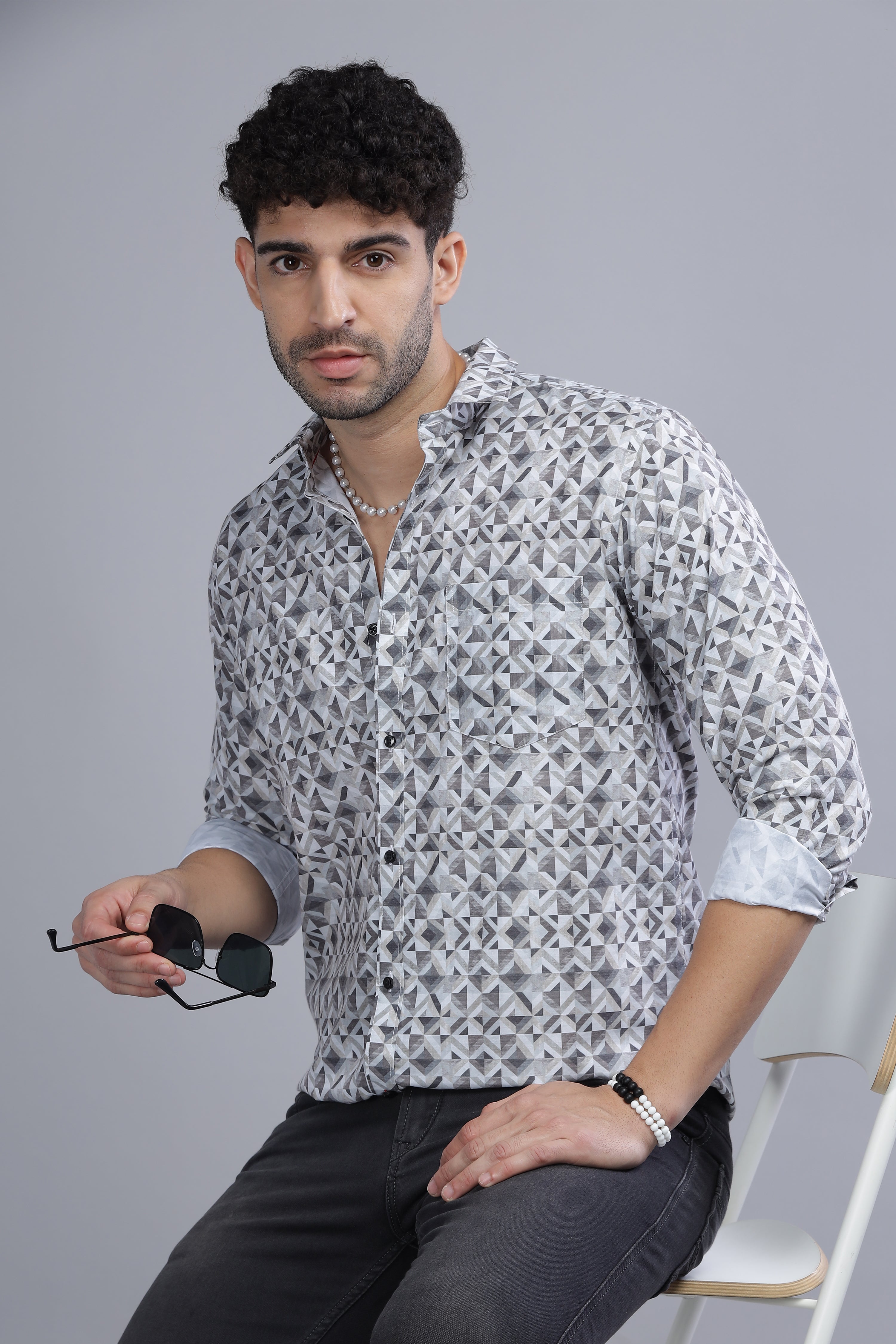 Cotton Blend Printed Grey Shirt