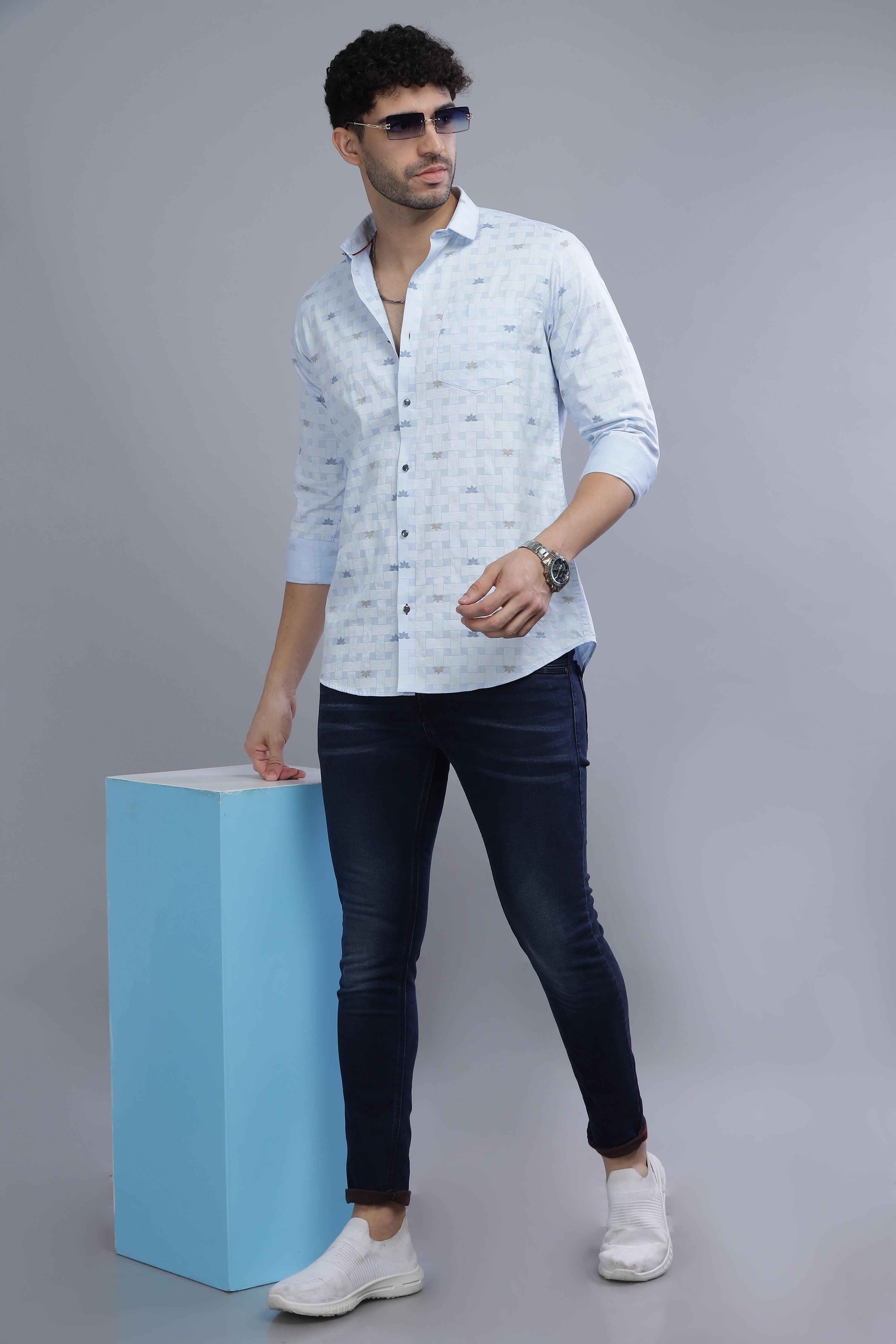 Slim Fit Flower Blocks Printed Blue Shirt